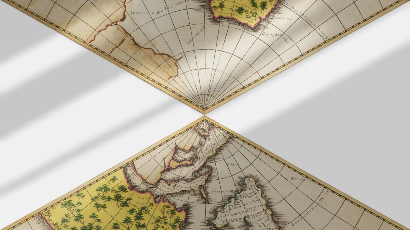 An old map laid flat, visually split in half to show a before and after of restoration. One side is torn, stained, and faded, while the other side is clean, vibrant, and fully restored.