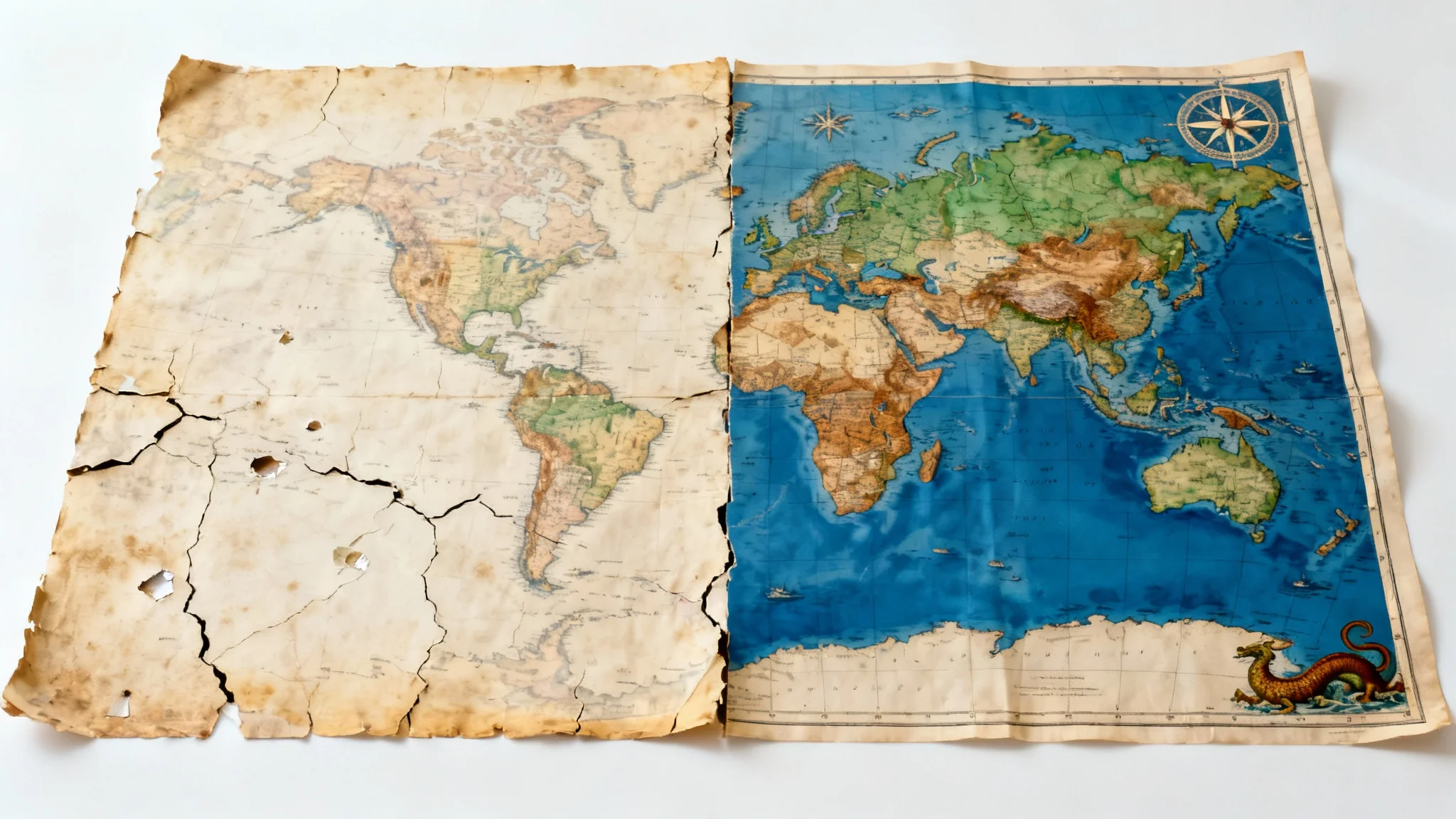 A before-and-after image of an old map being restored. The left side is yellowed, torn, and faded, while the right side is clean, vibrant, and has crisp details, all against a clean white background.