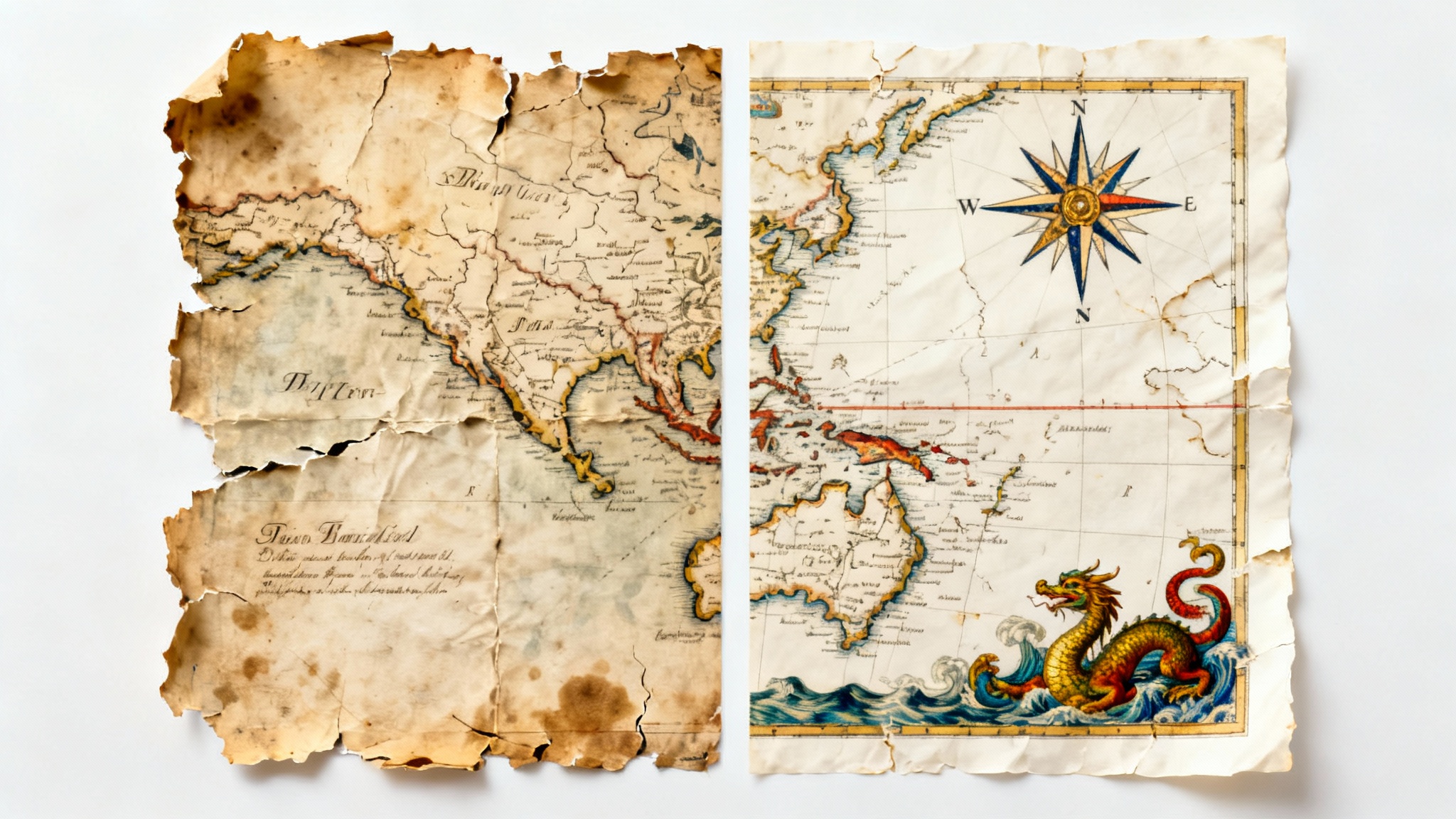 A split image demonstrating map restoration; the left side shows a torn, faded, and stained old map, while the right side shows the same map perfectly restored, clean, and with vibrant colors.