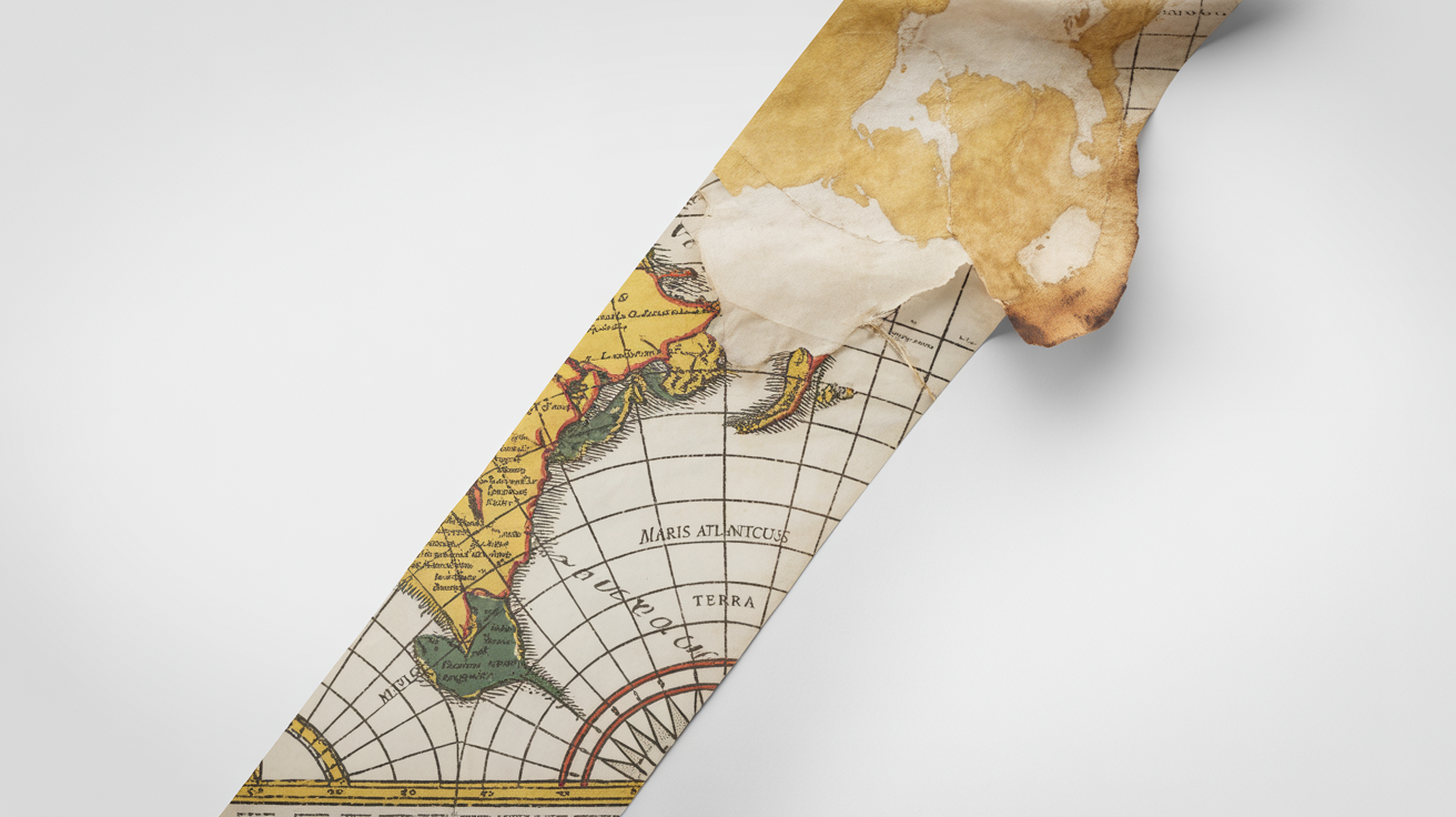 A demonstration of old map restoration, with the image split to show a before and after. One side depicts a torn, stained, and faded old map, while the other side shows the same map perfectly restored with clear lines and vibrant colors against a white background.