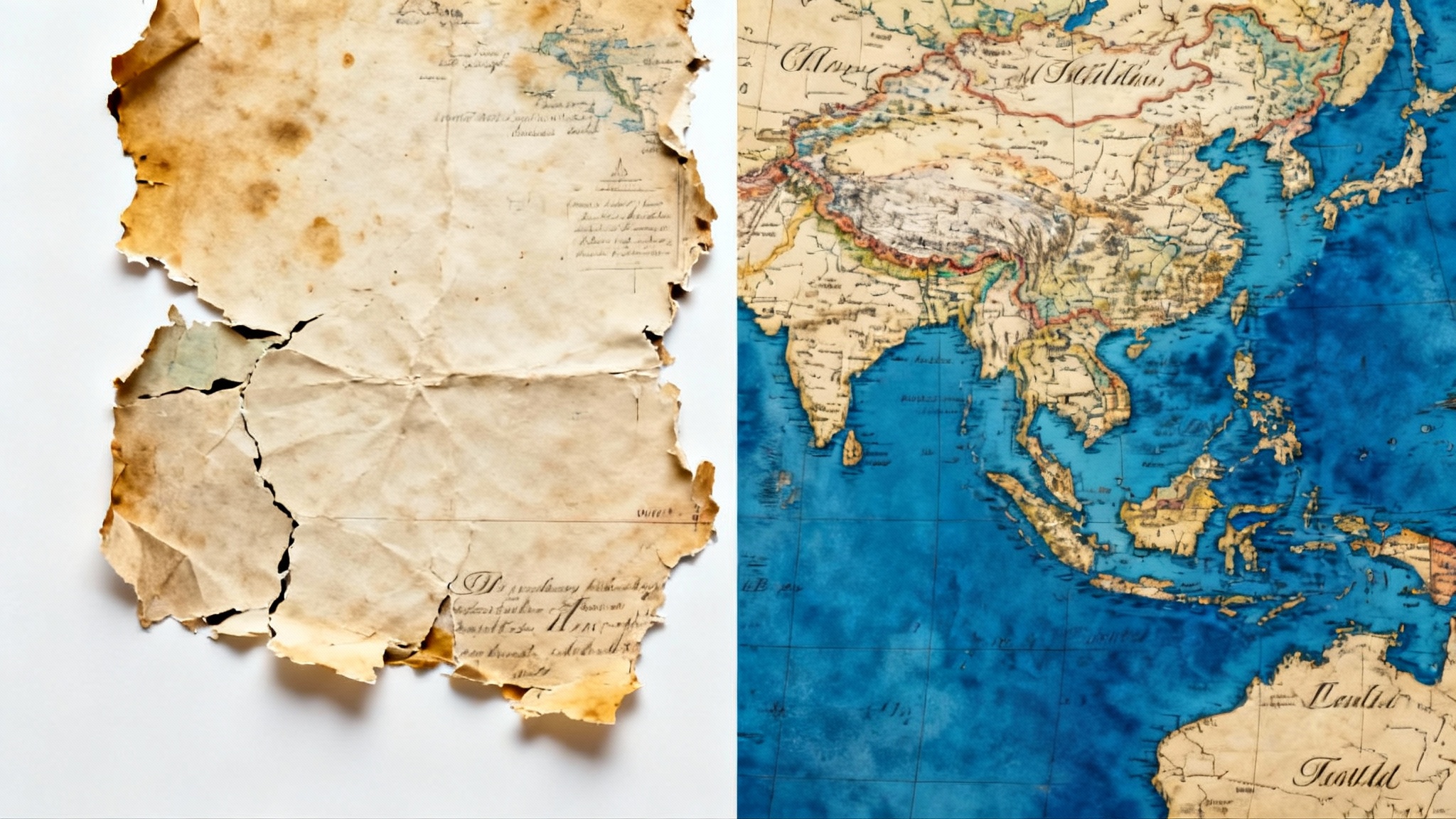A split image showing the restoration of an old map. The left side is torn, faded, and stained, while the right side is clean, vibrant, and fully restored.