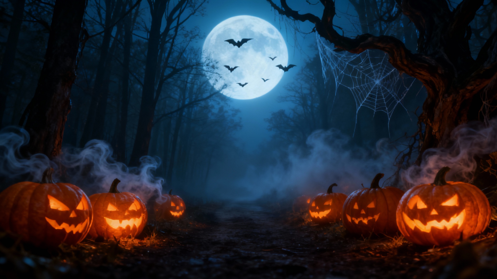 A spooky forest path at night, enhanced with Halloween photo effects. Glowing jack-o'-lanterns line the foggy path, while a full moon and flying bats are visible in the sky, creating a haunting scene.
