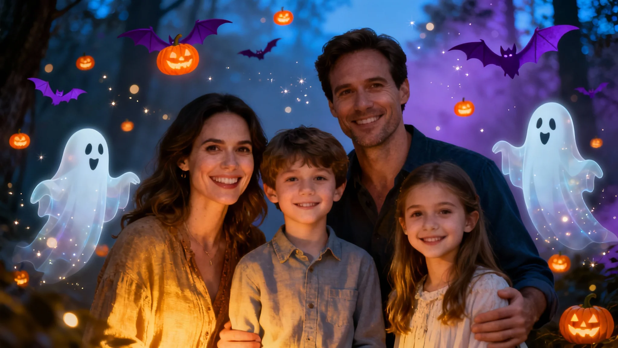 A family portrait with a fun Halloween photo effect applied, showing cartoon ghosts and glowing jack-o'-lanterns floating around them against a spooky forest background.