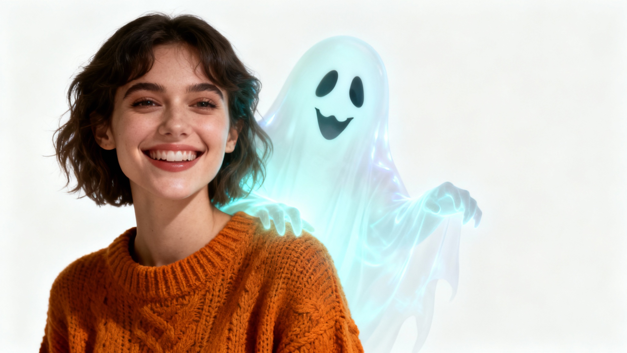 A photorealistic mockup of a Halloween photo effect, showing a smiling woman with a fun, translucent glowing ghost peeking over her shoulder, all on a clean white background.