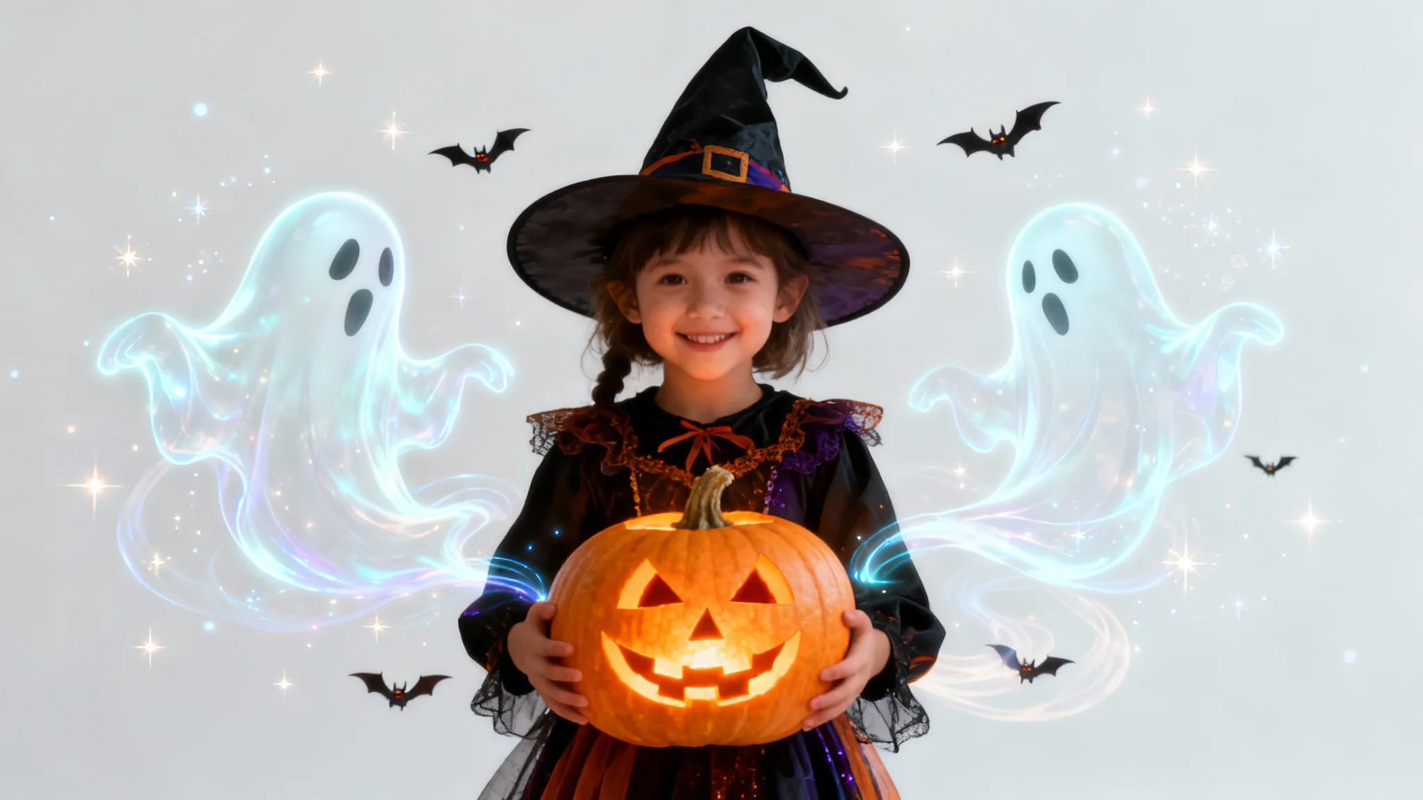 A photograph of a child in a witch costume holding a glowing jack-o'-lantern, digitally edited with fun Halloween effects like floating cartoon ghosts and sparkling bats.