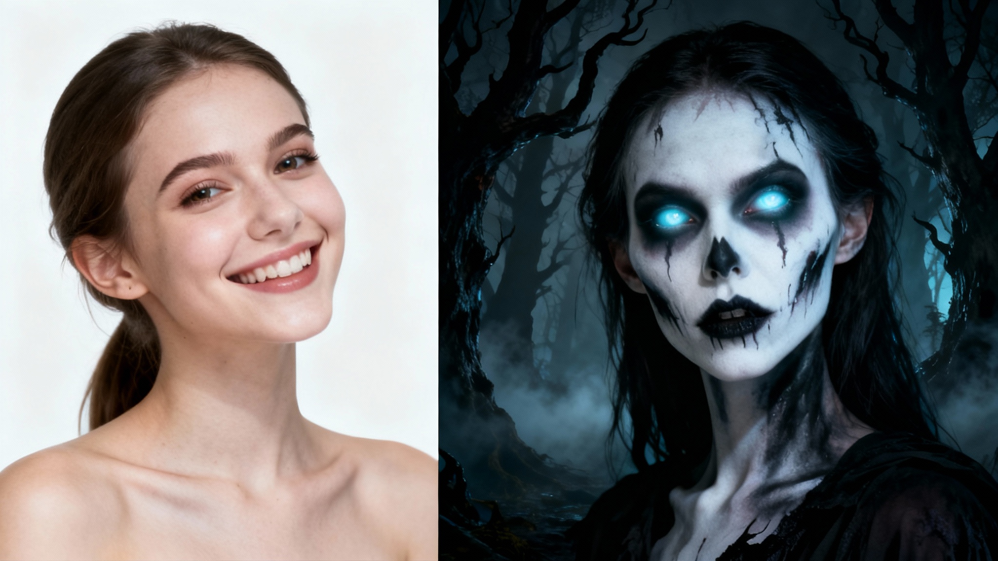A split image demonstrating a Halloween photo effect. The left side shows a standard portrait of a woman, and the right side shows her transformed with spooky ghost makeup and a haunted forest background.