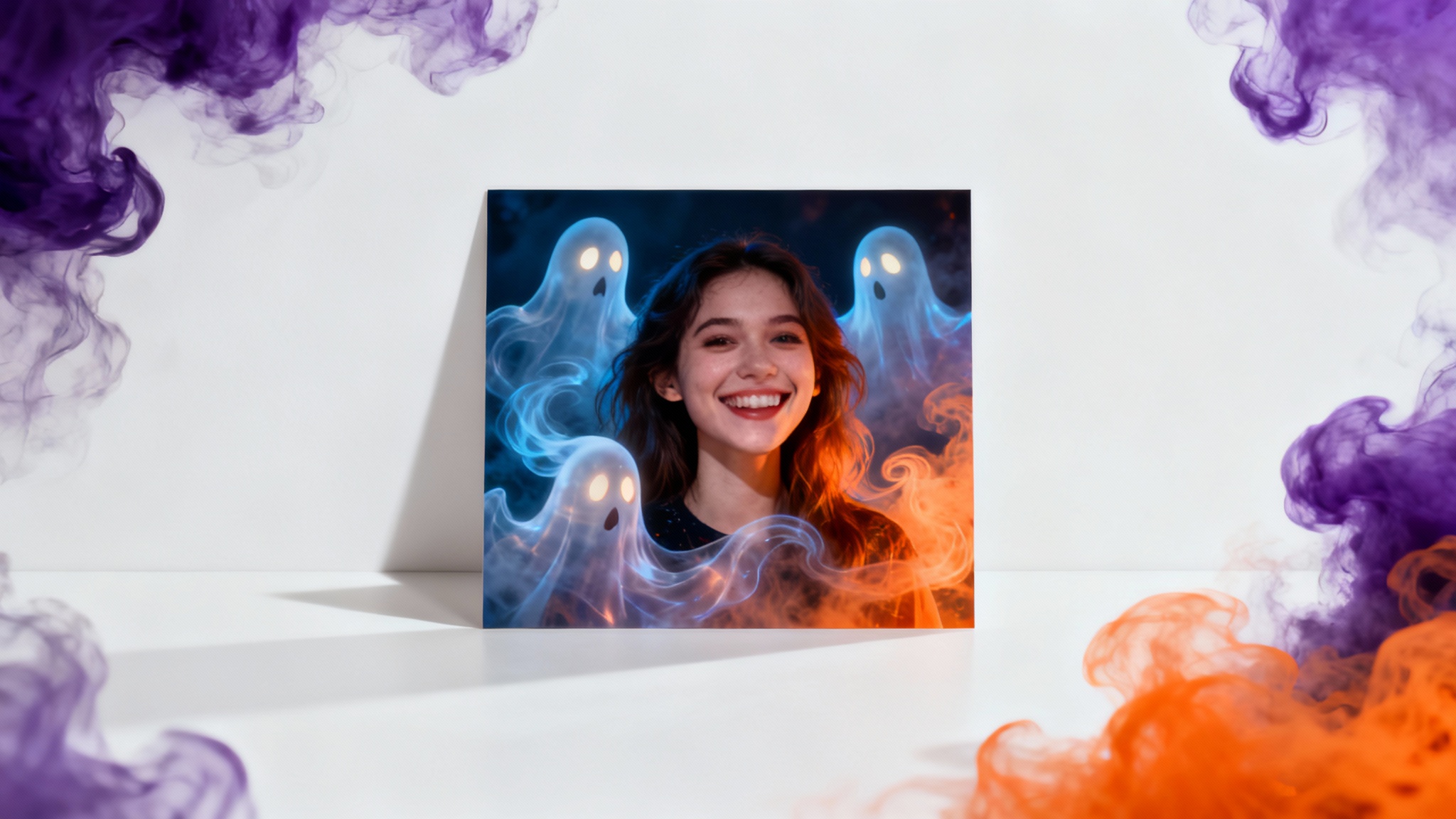 A portrait photo of a smiling woman transformed with a Halloween effect, showing glowing ghosts and purple fog, presented as a mockup on a white background.