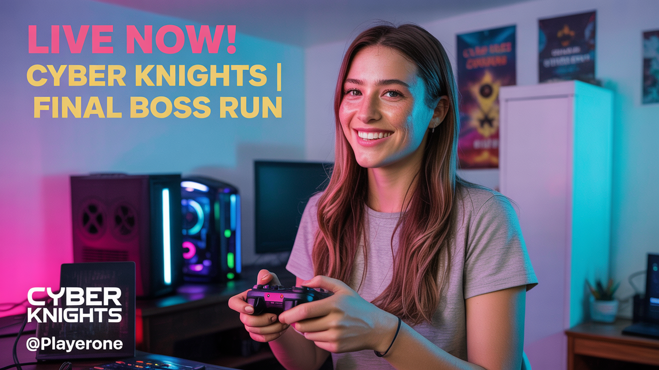 A vibrant 'LIVE NOW!' stream announcement graphic featuring a photo of a young female gamer holding a controller, with professionally designed text and logos overlaid.
