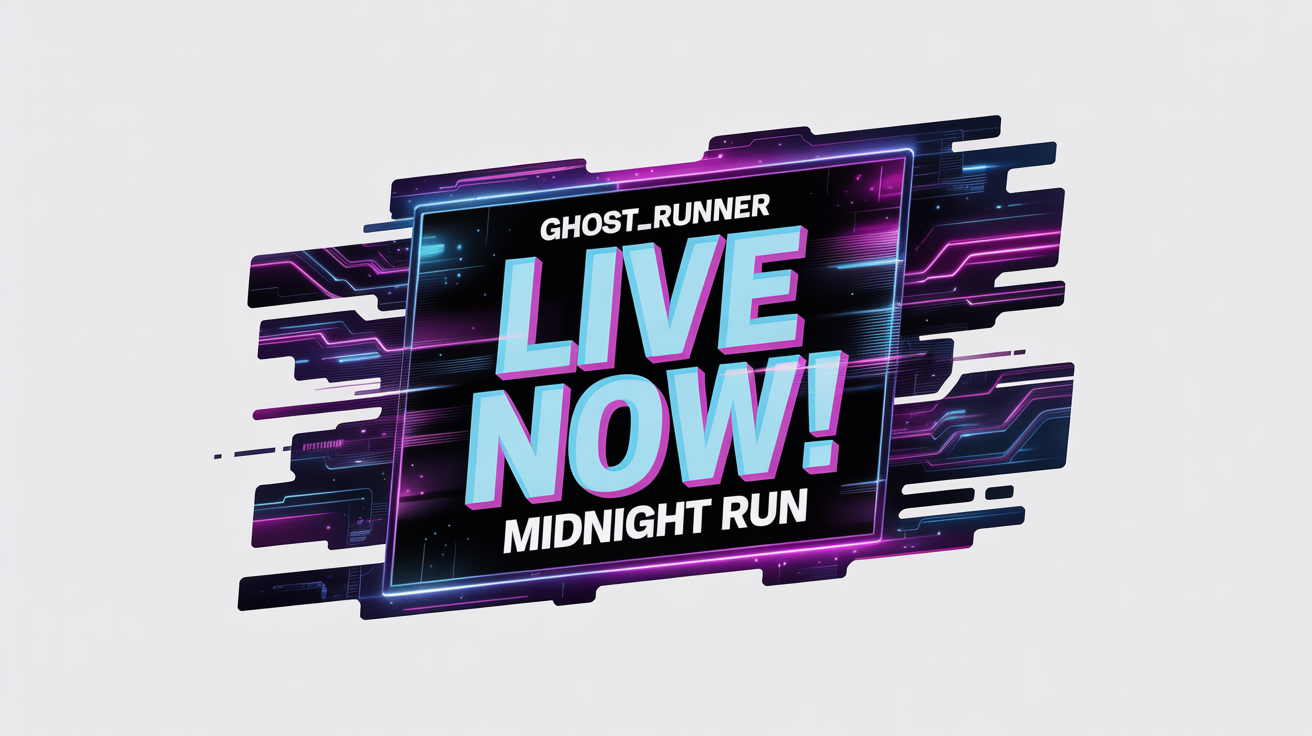 A modern stream announcement graphic mockup for a streamer named 'GHOST_RUNNER'. The design features neon text saying 'LIVE NOW!' and 'MIDNIGHT RUN' against a dark, tech-themed background, all displayed on a clean white surface.