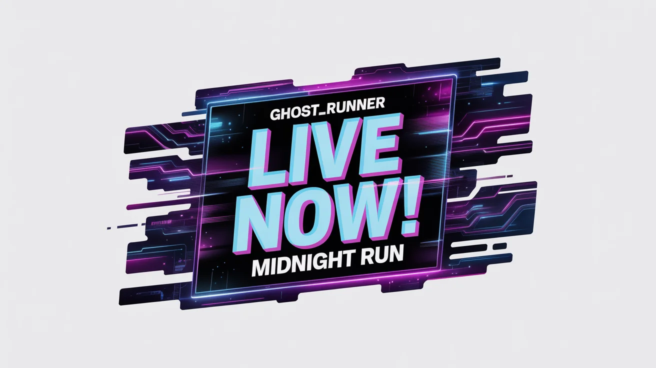 A modern stream announcement graphic mockup for a streamer named 'GHOST_RUNNER'. The design features neon text saying 'LIVE NOW!' and 'MIDNIGHT RUN' against a dark, tech-themed background, all displayed on a clean white surface.