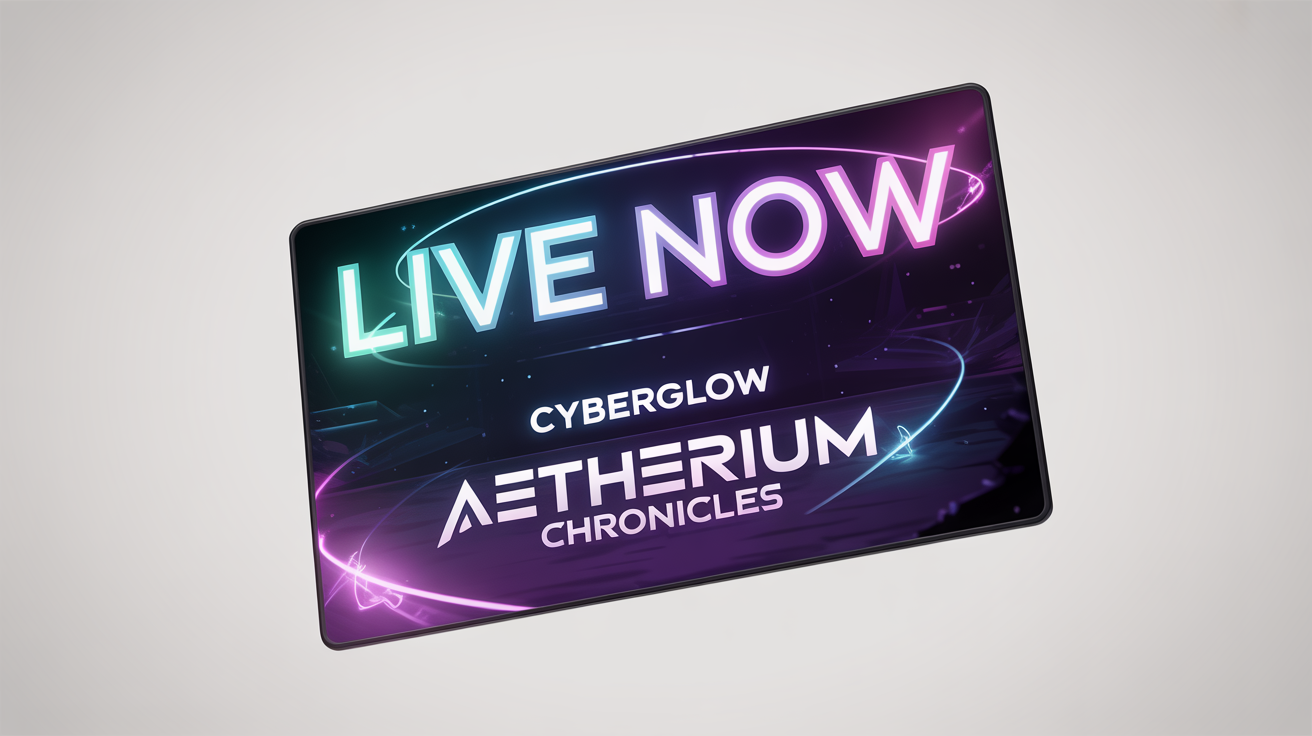 A mockup of a futuristic stream announcement graphic for a gamer named 'CYBERGLOW'. The design features bold neon text on a dark background that reads 'LIVE NOW' and 'AETHERIUM CHRONICLES', all displayed against a clean white backdrop.