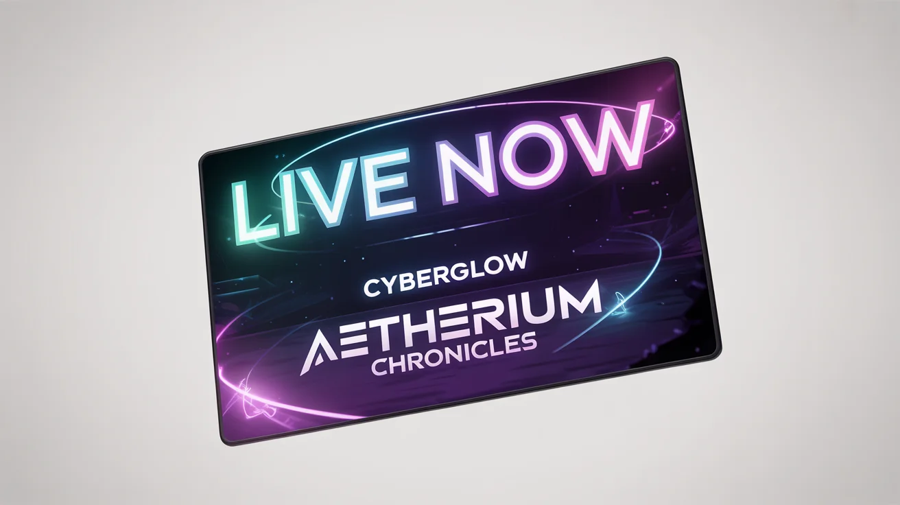 A mockup of a futuristic stream announcement graphic for a gamer named 'CYBERGLOW'. The design features bold neon text on a dark background that reads 'LIVE NOW' and 'AETHERIUM CHRONICLES', all displayed against a clean white backdrop.