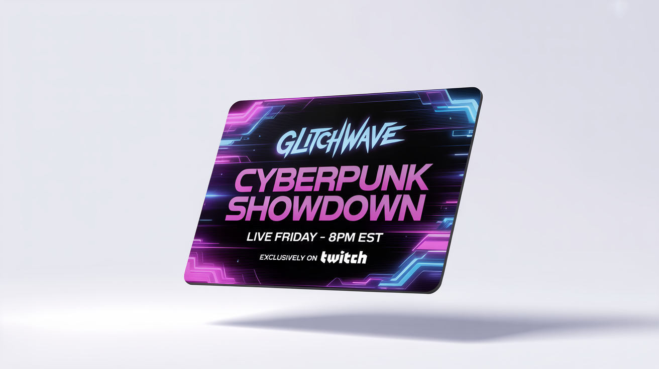 A futuristic stream announcement graphic for a streamer named 'GLITCHWAVE'. The graphic, set against a white background, announces a 'CYBERPUNK SHOWDOWN' on Friday at 8PM EST, using neon blue and magenta colors.