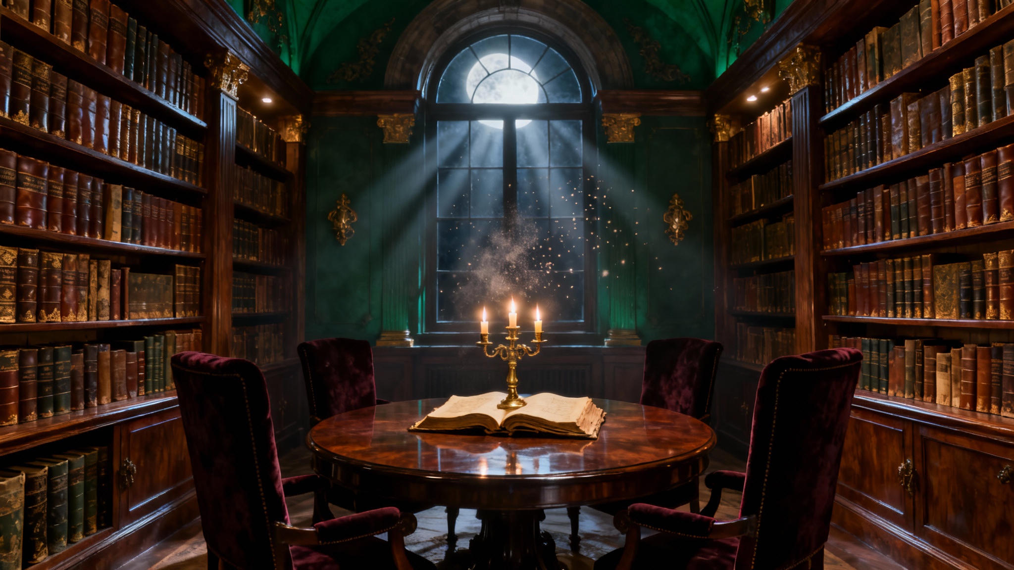 A photograph of a professionally designed dark academia library, featuring towering mahogany bookshelves, a central study table with a candelabra, and dramatic moonlight pouring through a large arched window, creating a moody and sophisticated atmosphere.