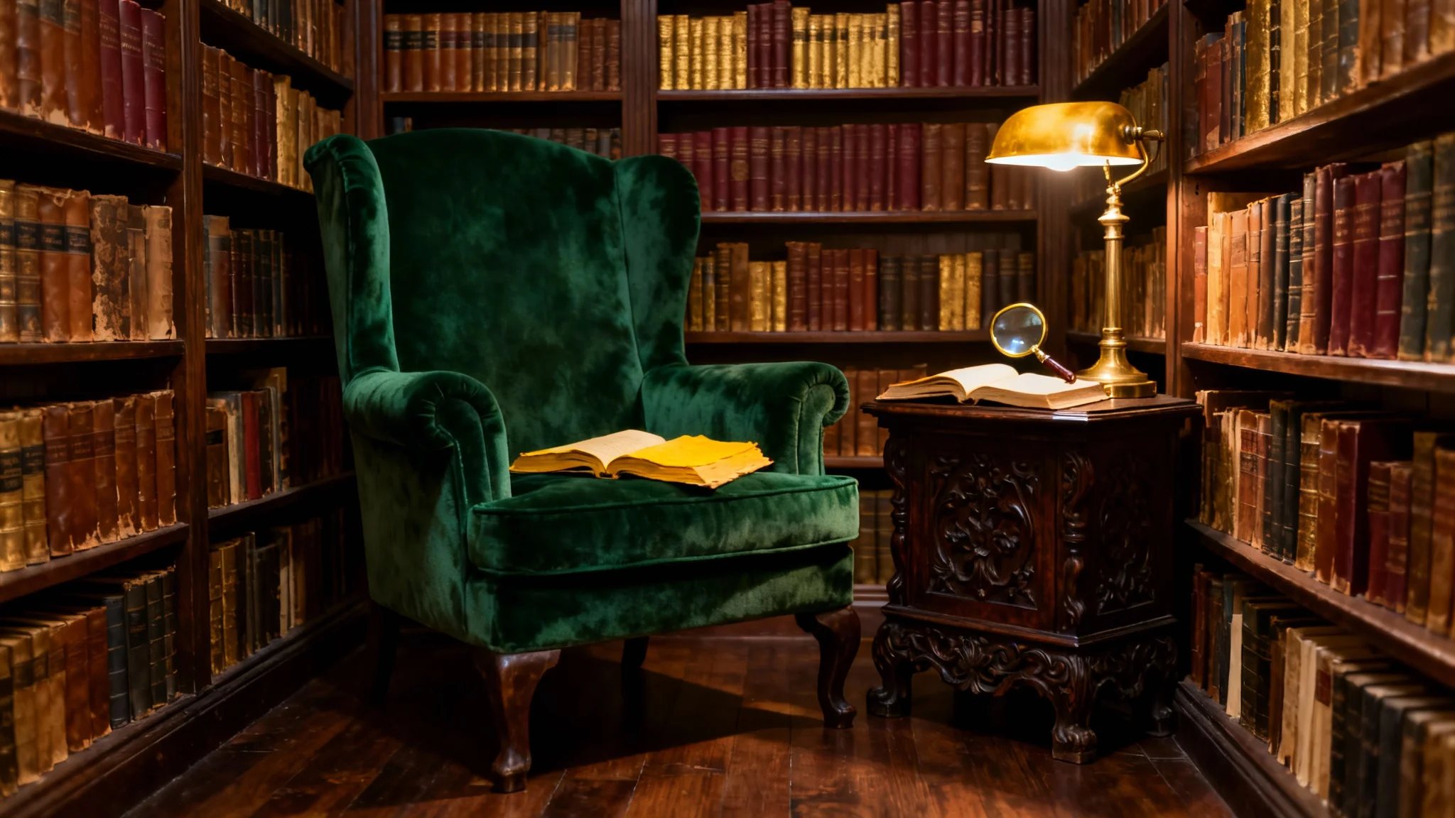 A cozy reading corner in a dark academia library, featuring a green velvet armchair, dark wood bookshelves filled with old books, and a warm brass lamp, presented as a mockup on a white background.