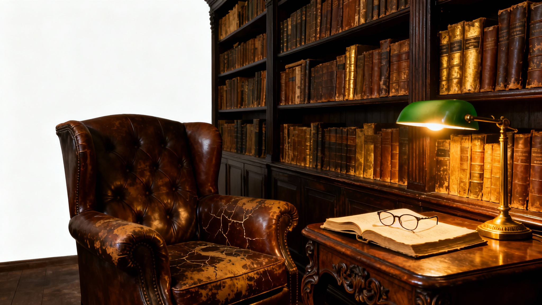 A photorealistic mockup of a dark academia library design, showing a cozy corner with a leather armchair, a green banker's lamp, and floor-to-ceiling bookshelves against a clean background.