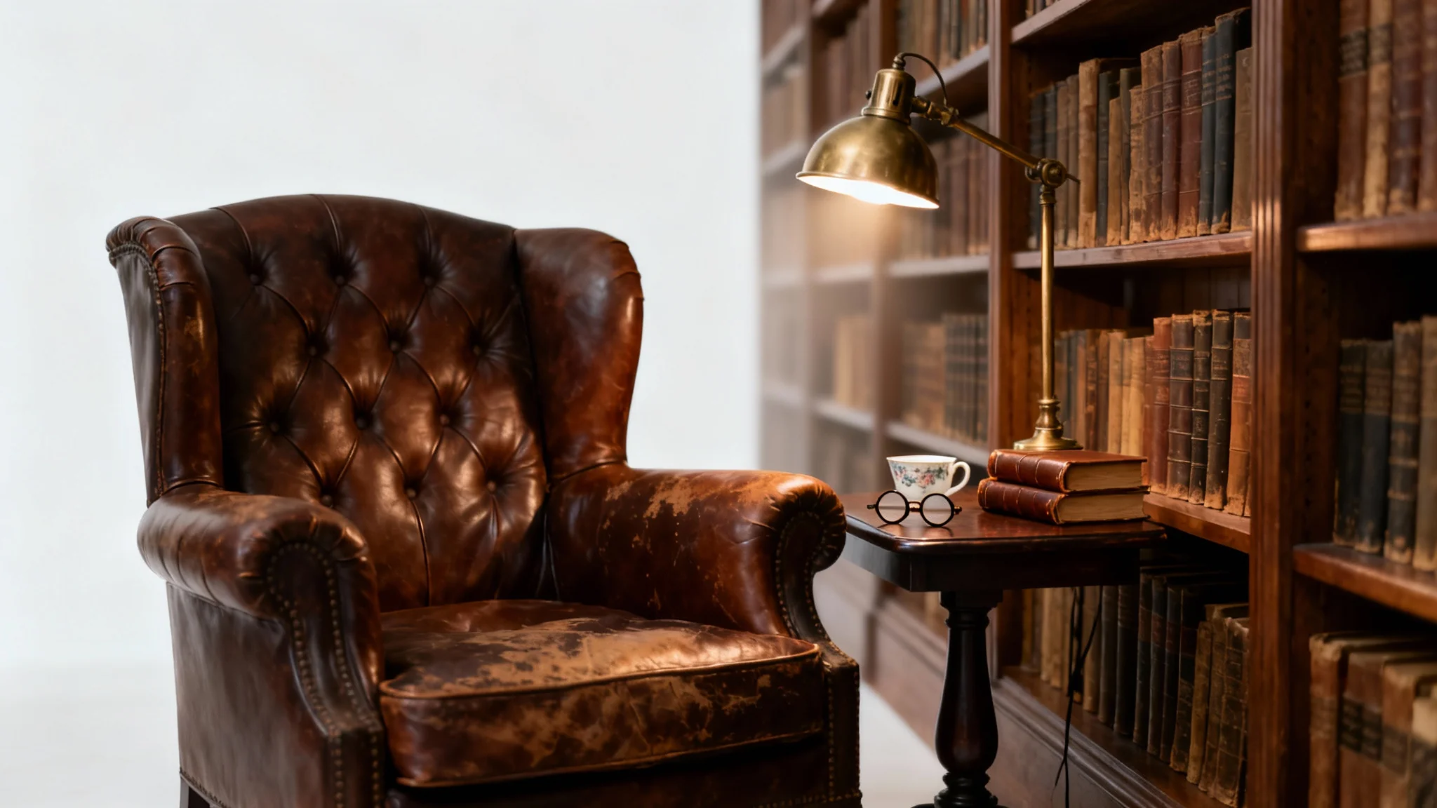 A cozy reading nook in a dark academia-style library, featuring a worn leather armchair, a small table with a lamp and books, and floor-to-ceiling bookshelves in the background.