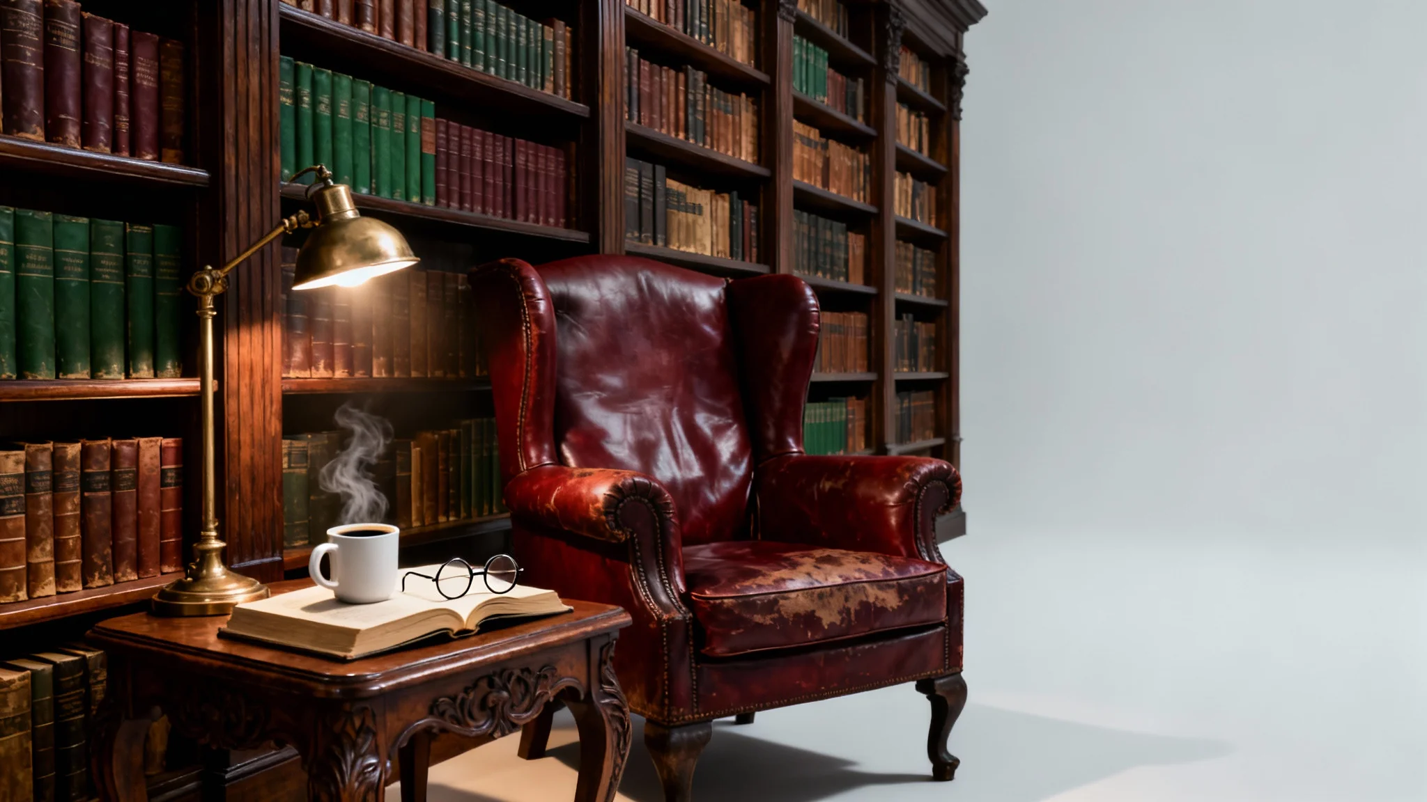 A mockup of a dark academia library featuring a red leather armchair, towering dark wood bookshelves, and a small table with a coffee cup and glasses, all set against a plain background.