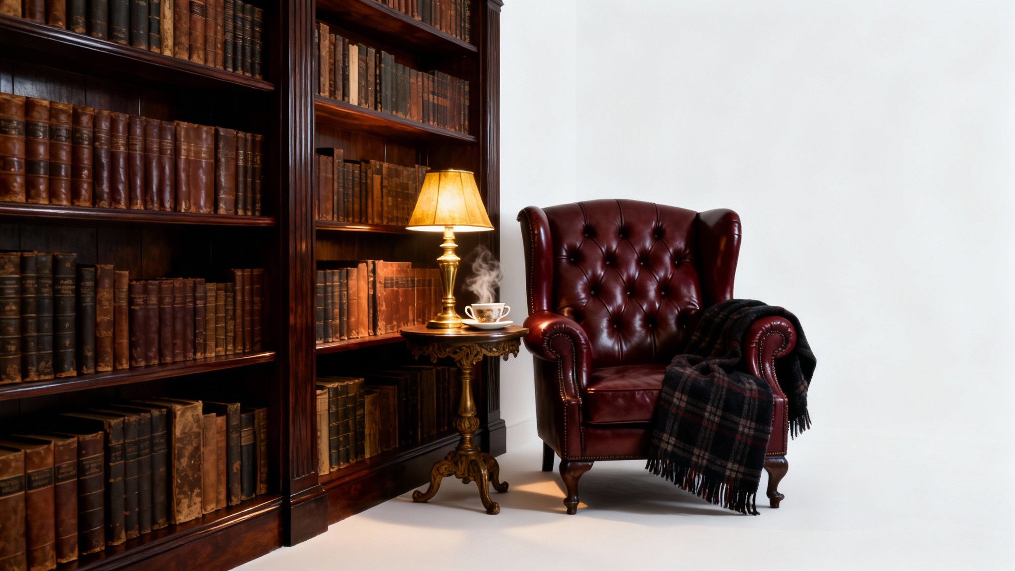 A cozy reading corner in a dark academia style library, featuring a deep red leather armchair next to dark wood bookshelves filled with old books, illuminated by the warm glow of a brass lamp.
