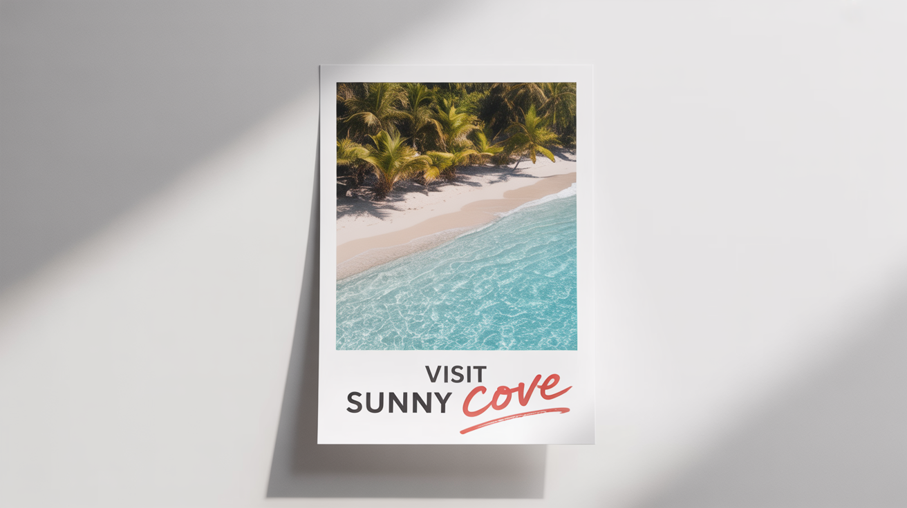 A mockup of a JPG travel poster on a white background. The poster's text 'Visit Sunny Isles' has been edited with a red marker to read 'Visit Sunny Cove', illustrating the concept of editing text on a JPG.