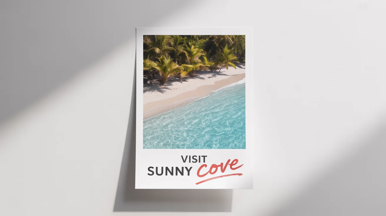 A mockup of a JPG travel poster on a white background. The poster's text 'Visit Sunny Isles' has been edited with a red marker to read 'Visit Sunny Cove', illustrating the concept of editing text on a JPG.