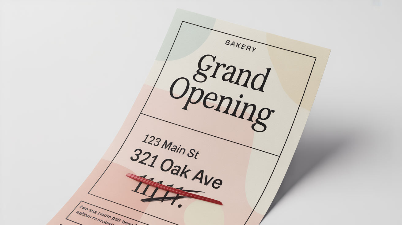 A conceptual image showing a flyer with an incorrect address, '123 Main St', crossed out and replaced with the correct address, '321 Oak Ave', to illustrate the concept of editing text on a JPG.