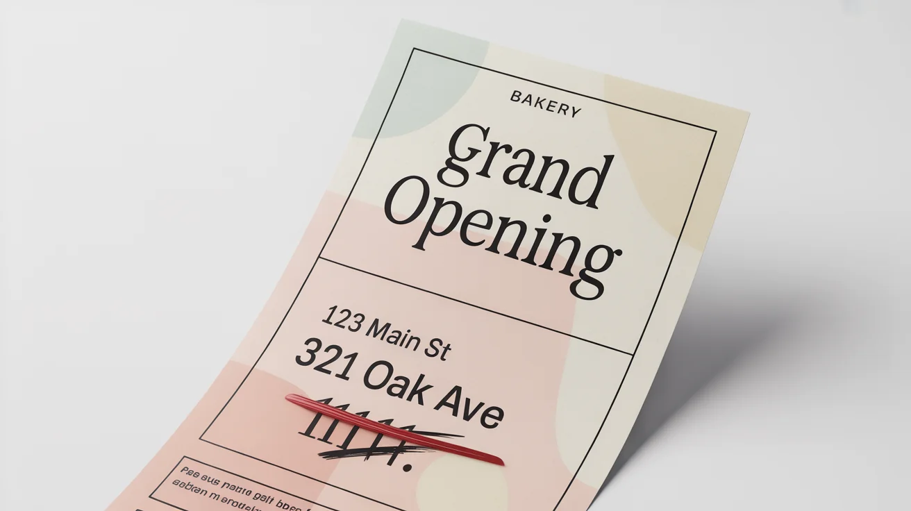 A conceptual image showing a flyer with an incorrect address, '123 Main St', crossed out and replaced with the correct address, '321 Oak Ave', to illustrate the concept of editing text on a JPG.