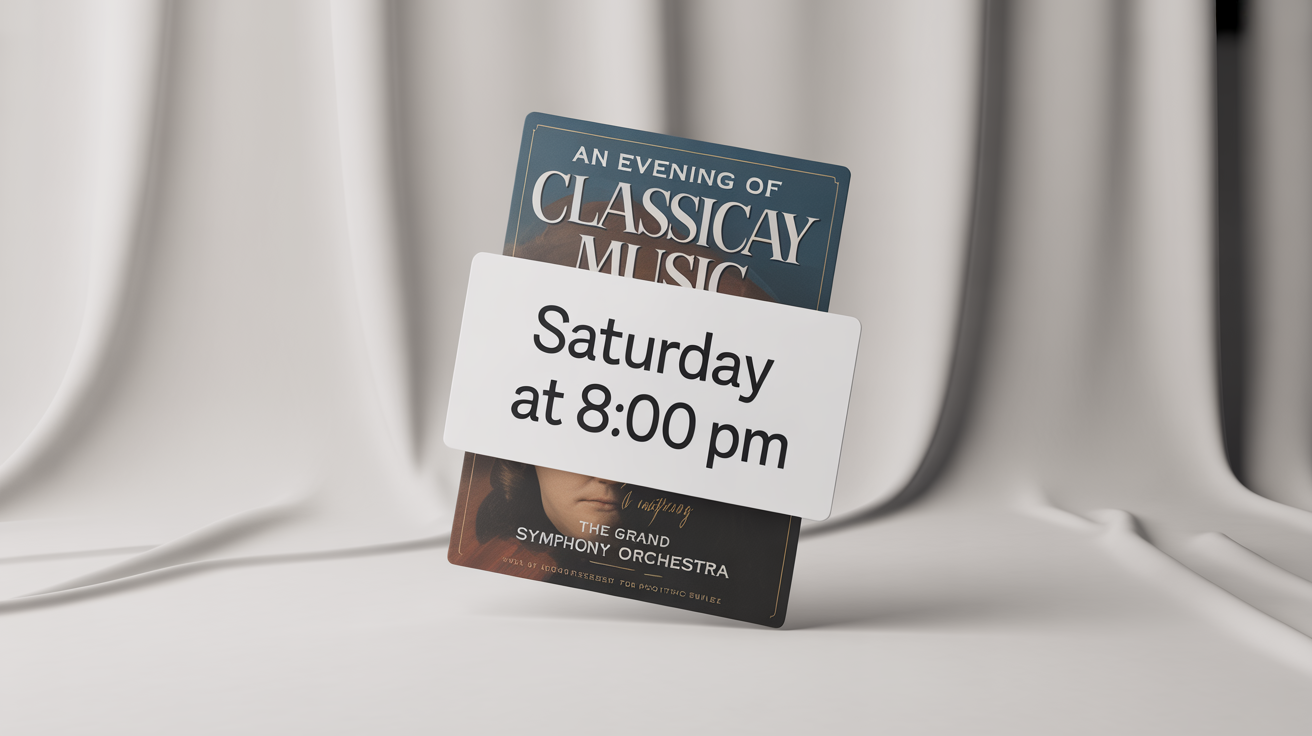 A mockup illustrating the concept of editing text on a JPG file. A vintage-style concert poster on a white background has its event time corrected with a modern, clean text block showing the new time, 'Saturday at 8:00 PM'.