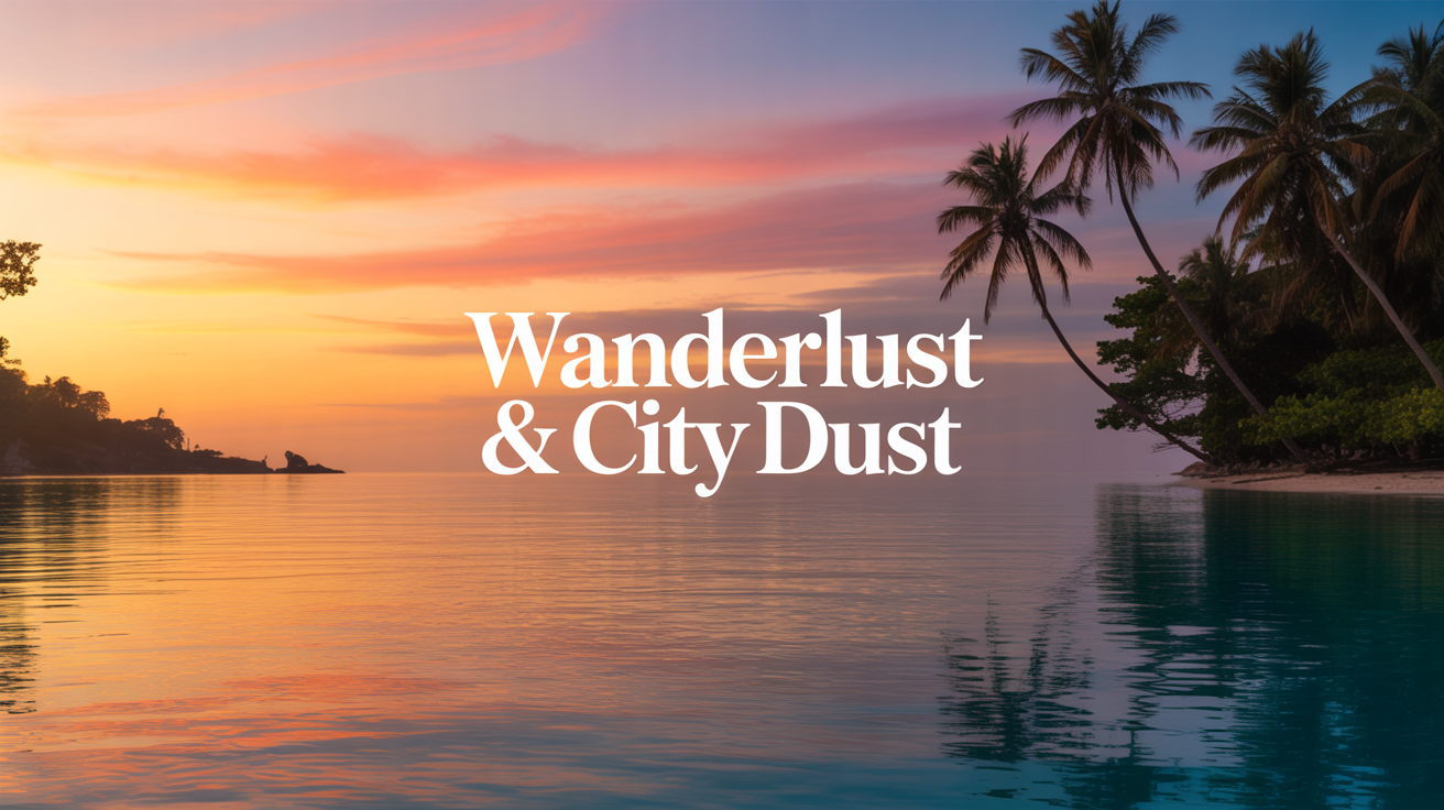 A mockup showing a tropical beach photo with the words "Wanderlust & City Dust" edited onto it, demonstrating the ability to add text to a JPG file.