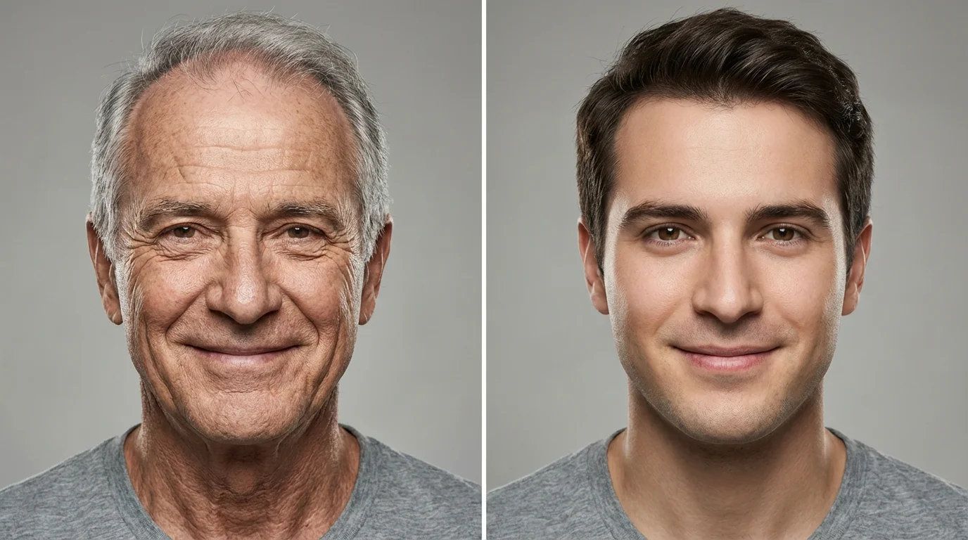 A stunning side-by-side comparison photo showing the result of an AI age changer. The left image shows a portrait of a 65-year-old man, and the right image shows a photorealistic younger version of the same man at age 30.