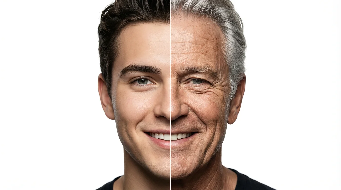 A composite image of a man's face split in two, showing him as a young man on the left and as an elderly man on the right, illustrating an age-changing effect.