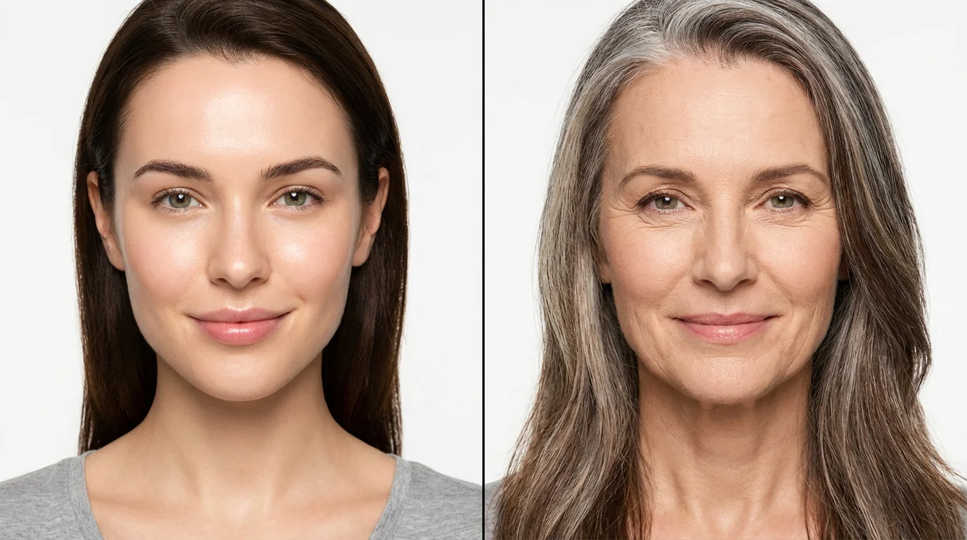 A split-screen image demonstrating an age-changing effect. The left side shows a young woman, and the right side shows the same woman gracefully aged, with both halves of her face perfectly aligned.