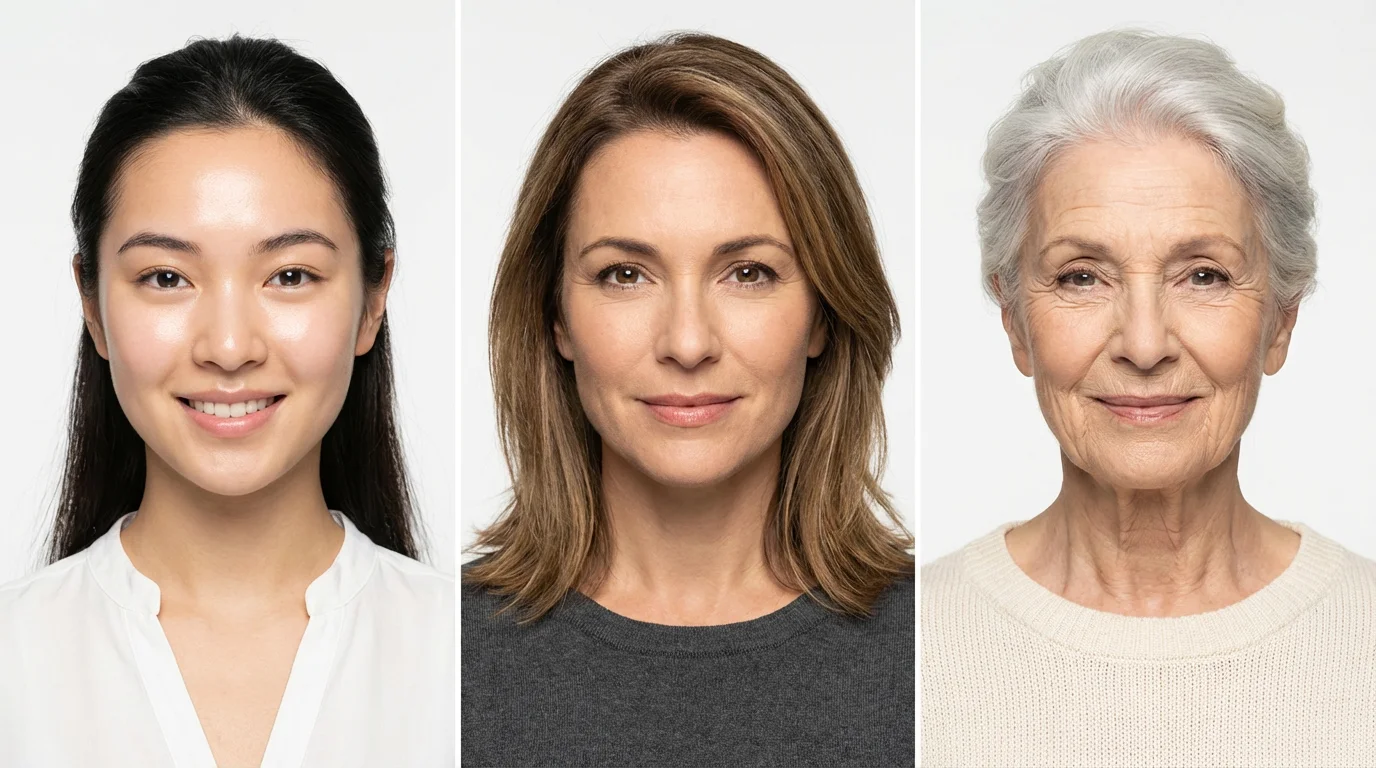A side-by-side collage of three photos showing the same woman's face at different life stages: as a young adult, as a middle-aged woman, and as a senior, demonstrating an age-changing effect.
