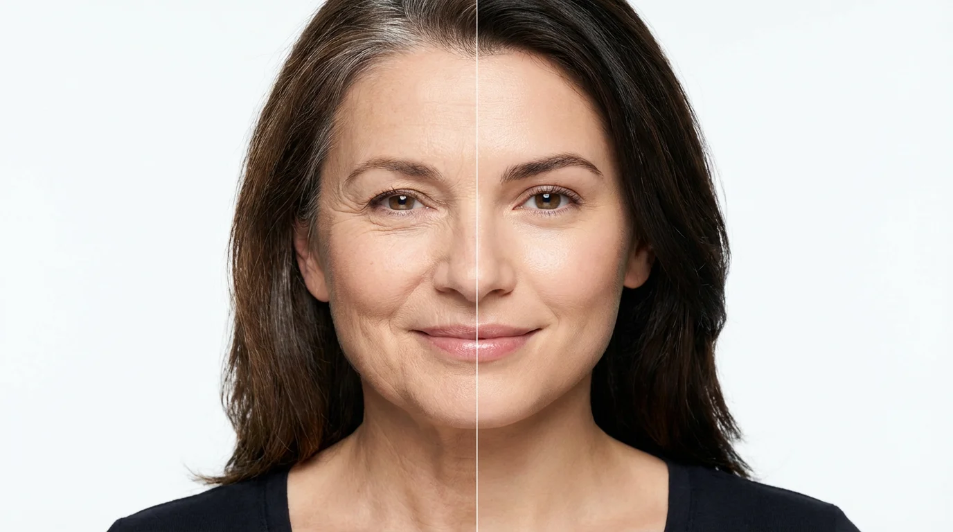 A split-image portrait demonstrating an age-changing effect. The left side shows a woman at 55, and the right side shows the same woman looking younger, at 30, against a clean white background.