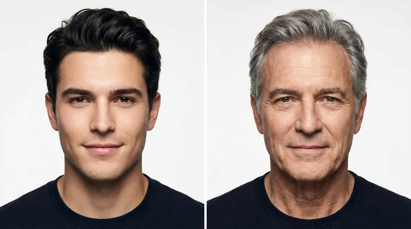 A side-by-side comparison image showing a man's aging process. The left image is a portrait of him in his 20s, and the right image is a portrait of the same man in his 60s, on a white background.