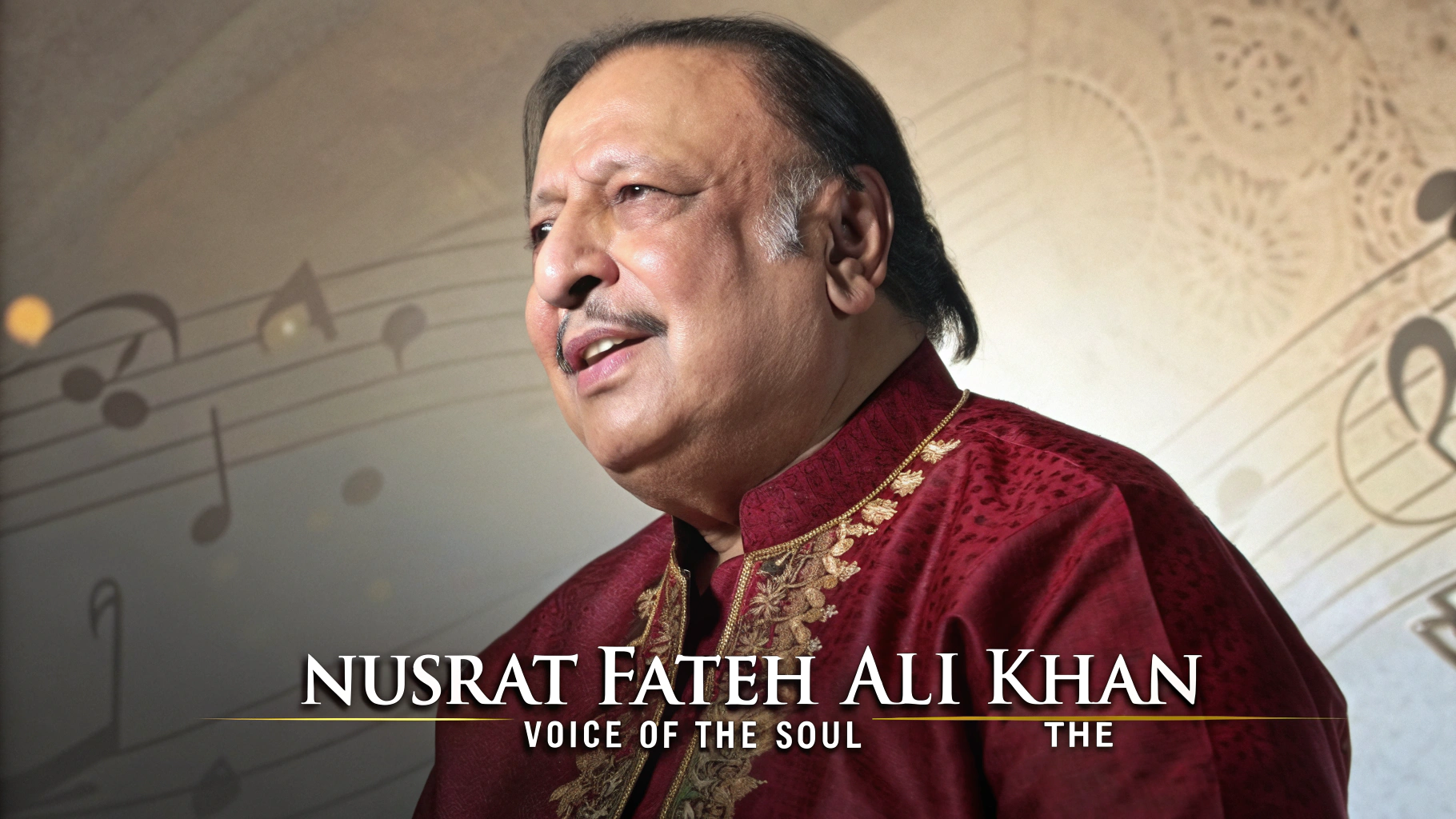 A vibrant portrait of Nusrat Fateh Ali Khan in a red and gold traditional outfit. The background has faint musical notes, and text at the bottom reads 'Nusrat Fateh Ali Khan - The Voice of the Soul'.