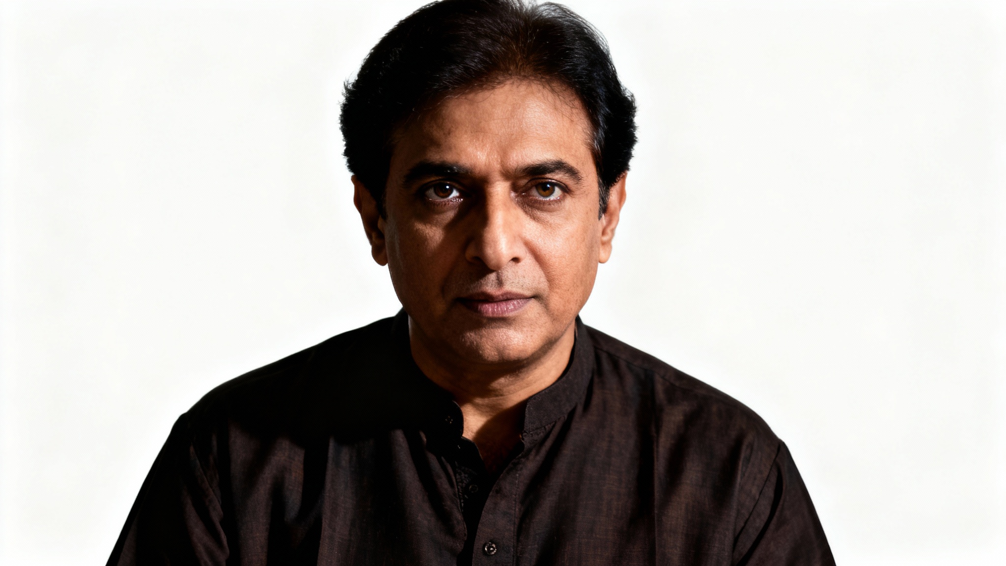 A soulful, high-detail photorealistic portrait of Nusrat Fateh Ali Khan looking contemplative, set against a solid white background.