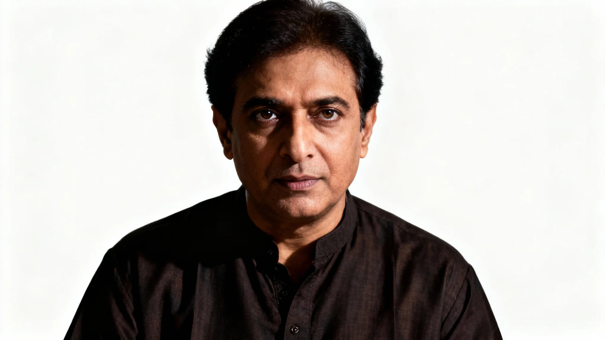 A soulful, high-detail photorealistic portrait of Nusrat Fateh Ali Khan looking contemplative, set against a solid white background.