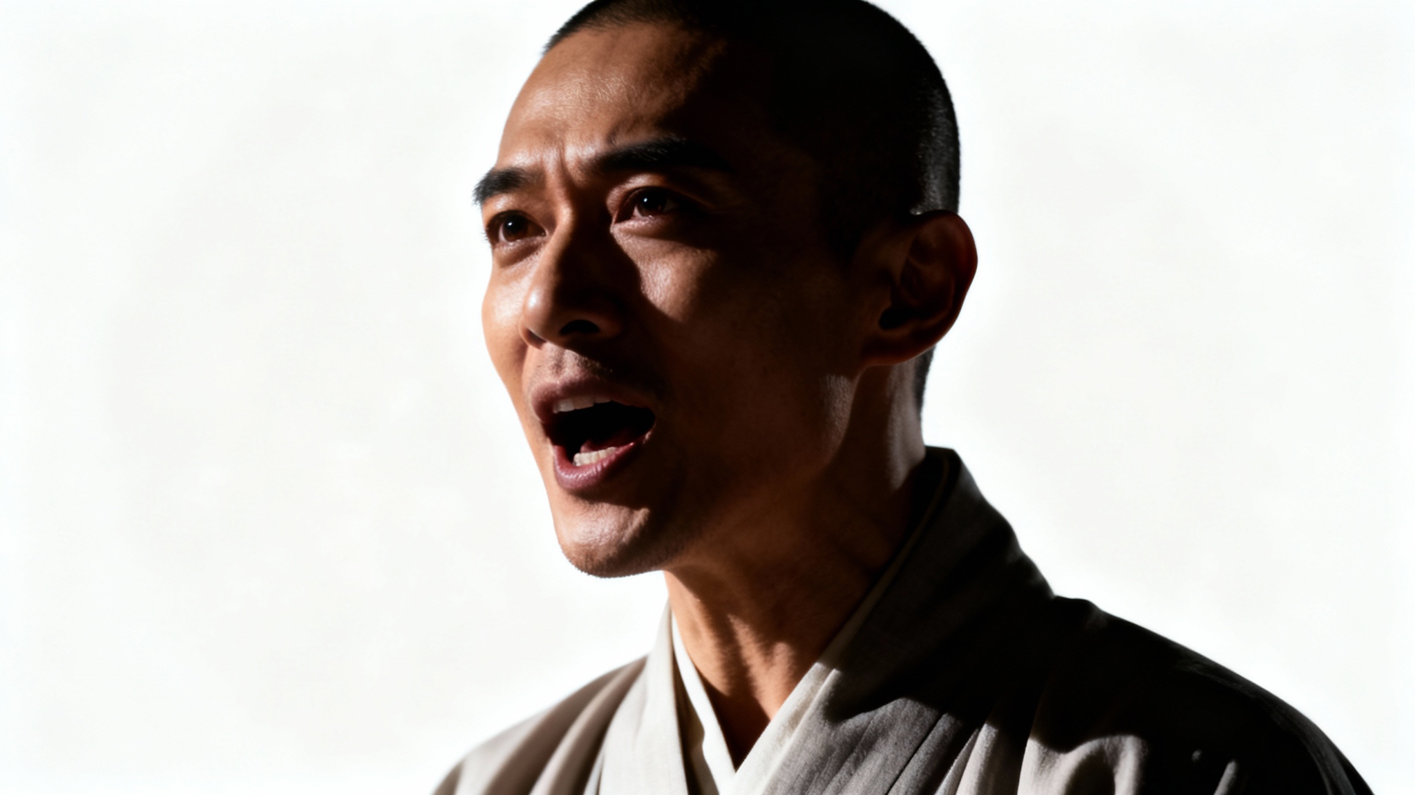 A powerful, photorealistic portrait of Nusrat Fateh Ali Khan, the legendary singer, captured mid-expression against a clean white background.