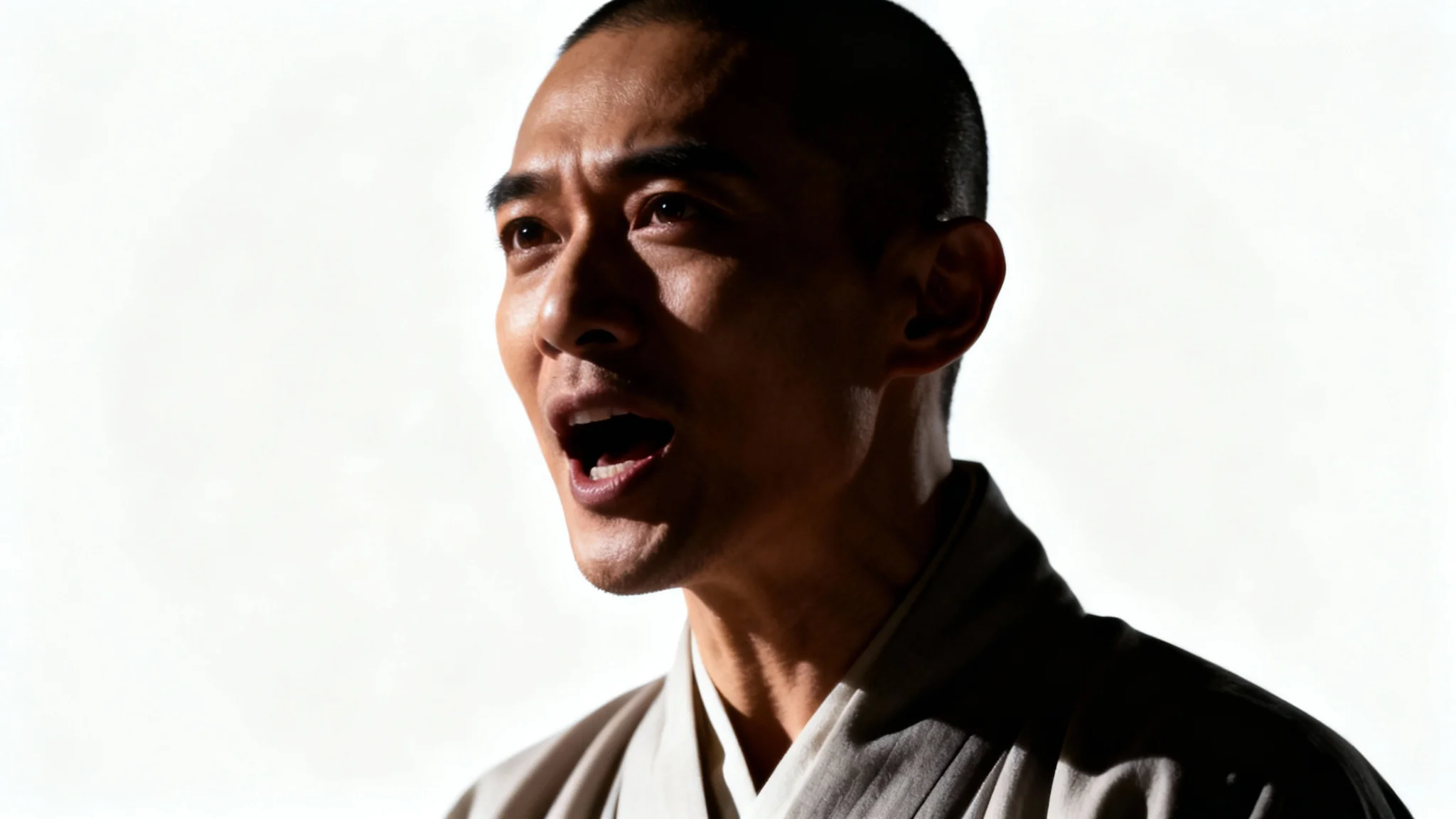 A powerful, photorealistic portrait of Nusrat Fateh Ali Khan, the legendary singer, captured mid-expression against a clean white background.