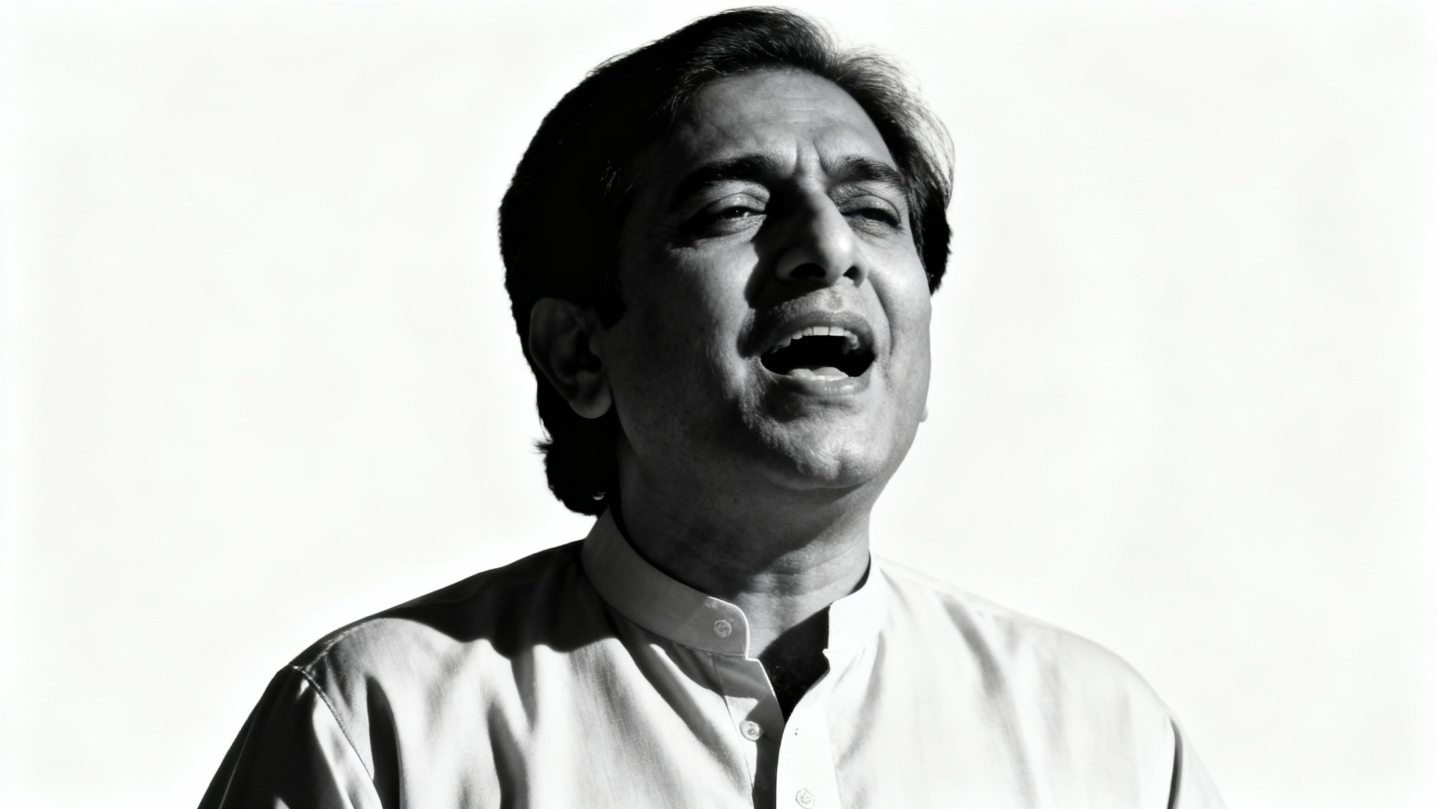 A soulful, photorealistic portrait of the legendary singer Nusrat Fateh Ali Khan, captured with a passionate expression against a clean white background.