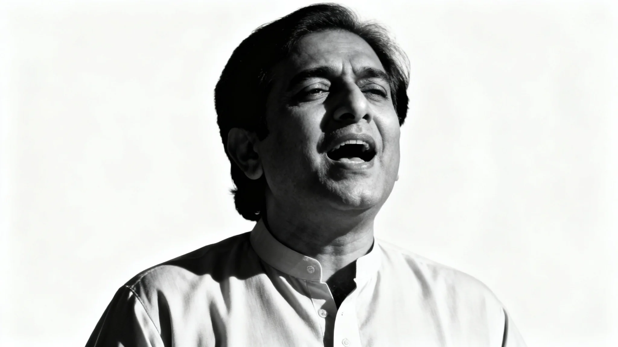 A soulful, photorealistic portrait of the legendary singer Nusrat Fateh Ali Khan, captured with a passionate expression against a clean white background.