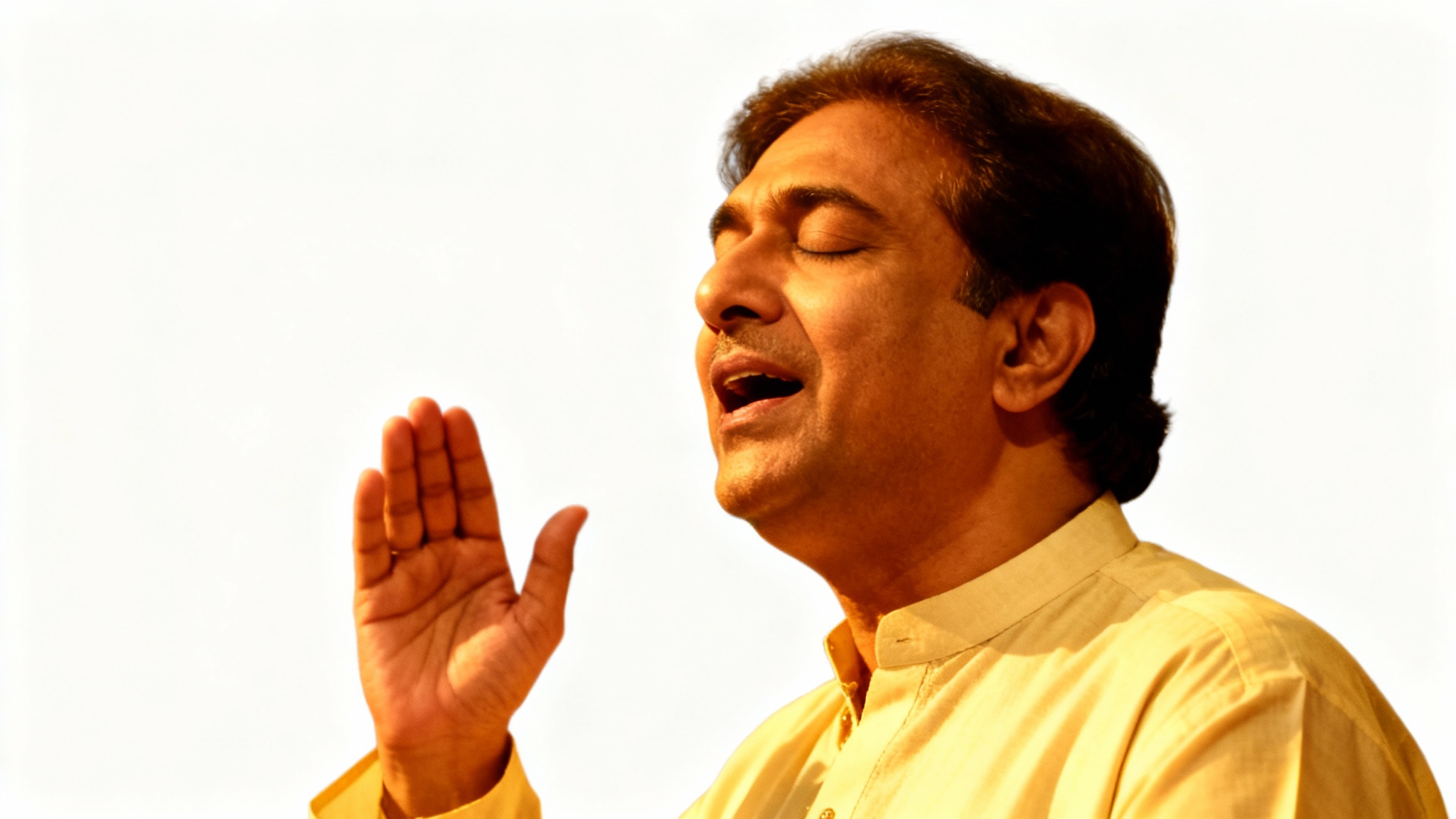 A soulful, photorealistic portrait of Nusrat Fateh Ali Khan singing with deep emotion, one hand raised, set against a plain white background.