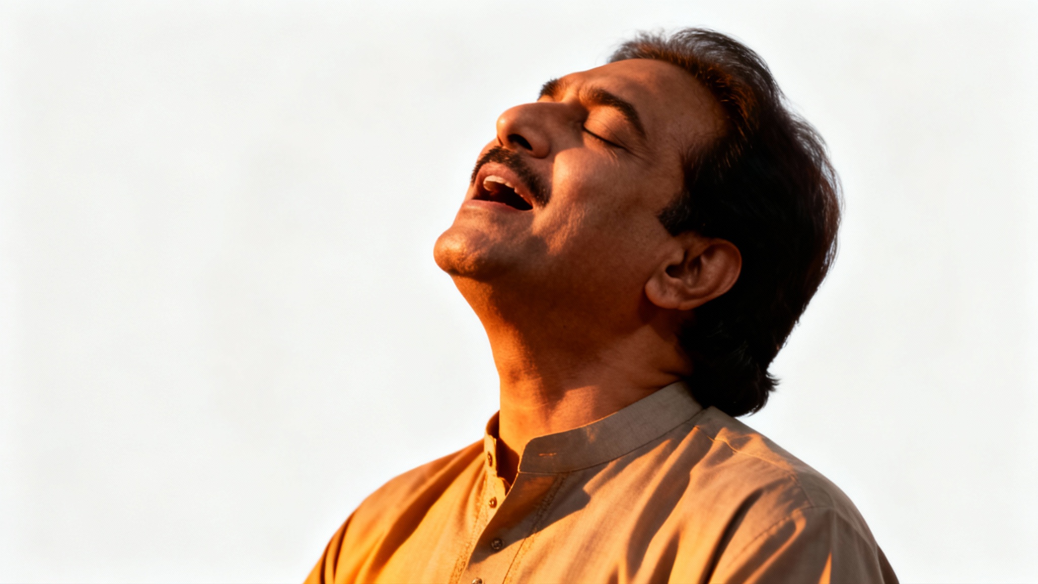 A soulful, black and white style portrait of Nusrat Fateh Ali Khan singing passionately, with his eyes closed, against a plain white background.