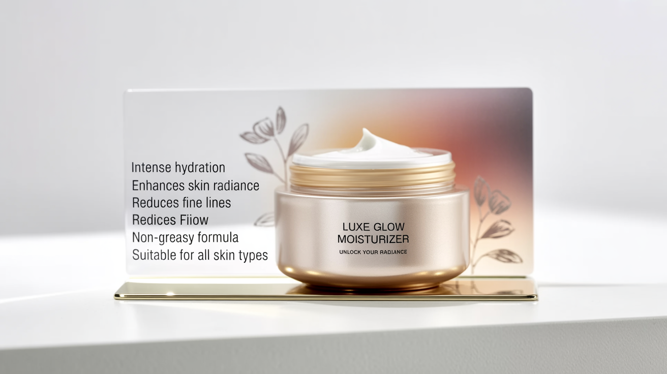 A vibrant beauty product poster for 'Radiant Glow's Luxe Moisturizer'. A sleek white jar sits against a pink and gold gradient, with a list of benefits like 'Intense hydration' and 'Reduces fine lines' in elegant text on the left.