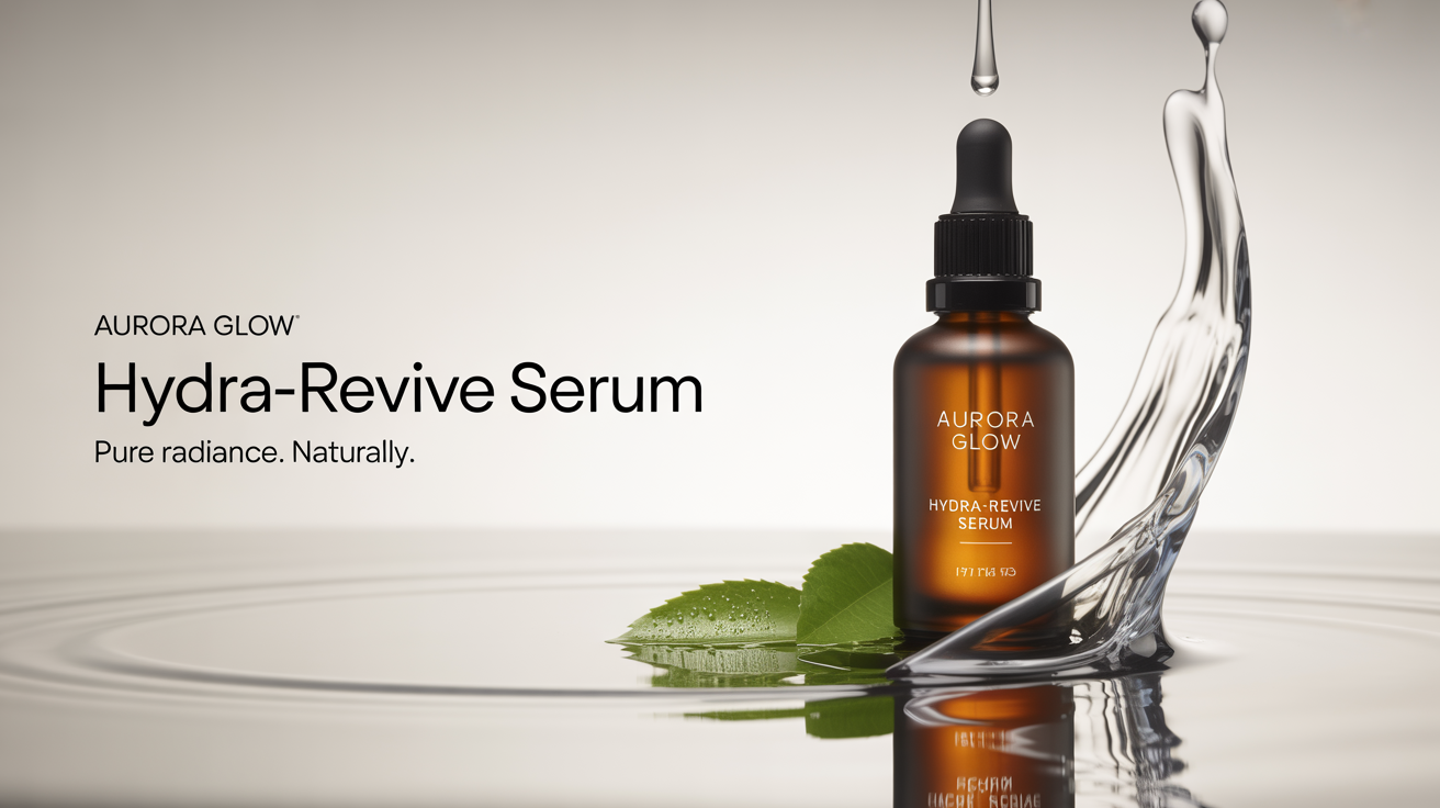 A professional beauty product poster for 'AURORA GLOW' 'HYDRA-REVIVE SERUM', featuring an amber glass bottle with water splashes and green leaves on a clean white background.