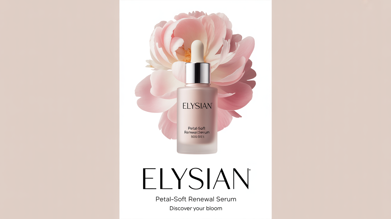 A mockup of a luxury beauty poster for 'Elysian Petal-Soft Renewal Serum', showing a frosted serum bottle with a pink flower petal on a beige background.