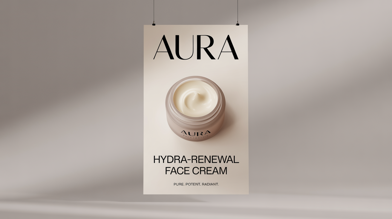 A minimalist and elegant poster mockup for a beauty brand called 'AURA', featuring its 'Hydra-Renewal Face Cream' against a clean background.