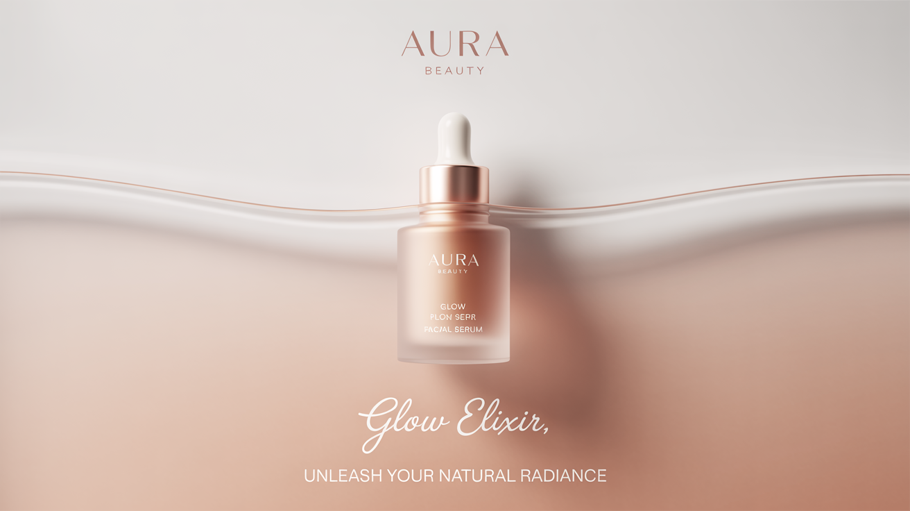 A mockup of a beauty product poster for a facial serum called 'Glow Elixir' by the brand 'AURA'. The poster features the product bottle on a pale pink background with the tagline 'Unleash Your Natural Radiance'.