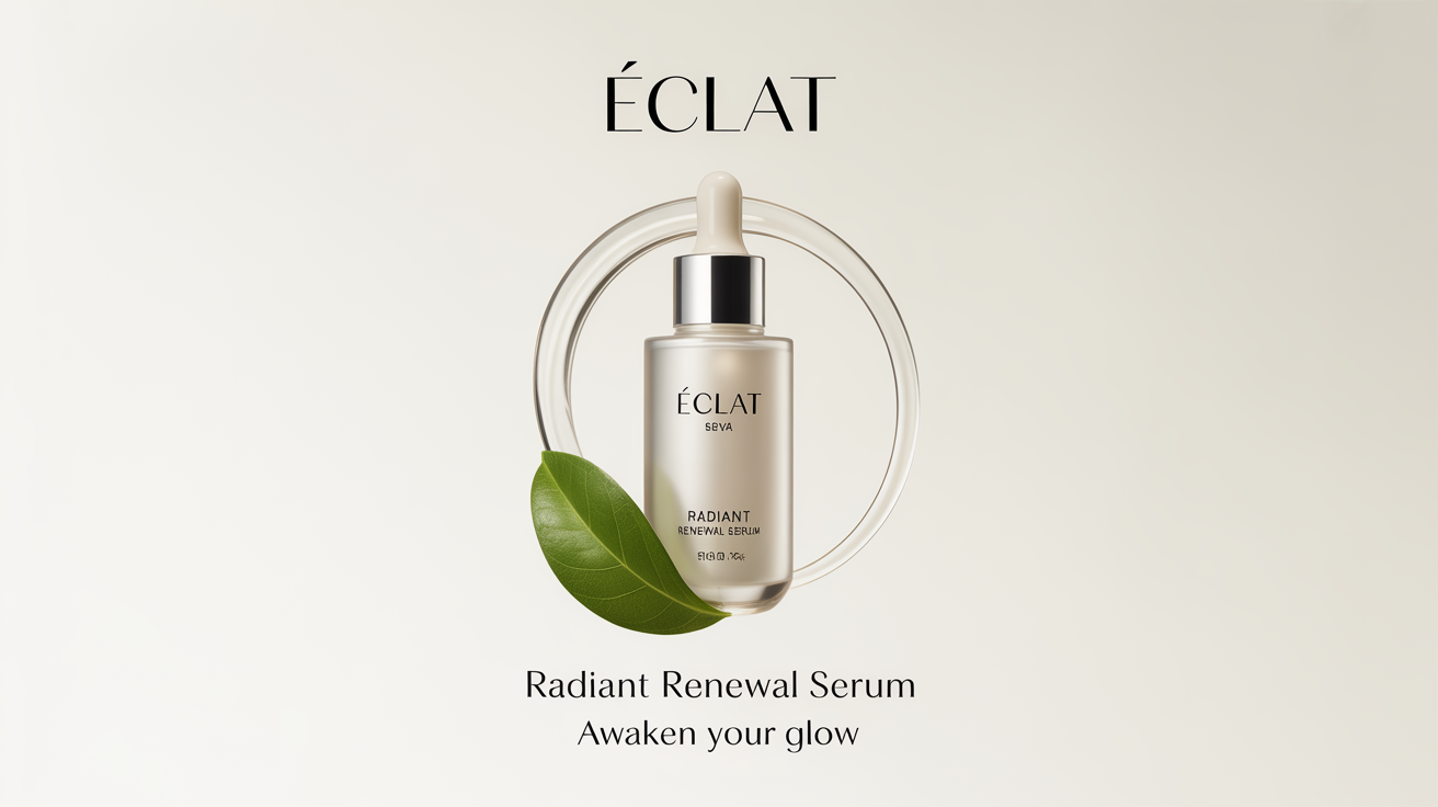 A poster mockup for a beauty product named 'Éclat Radiant Renewal Serum'. It features a glass serum bottle on a white background, with a liquid swirl and a green leaf, symbolizing hydration and natural ingredients.